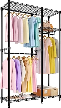 Clothes Rack with Shelves, Heavy Duty Garment Rack, Portable Closet | Adjustable Wire Shelving Clothes Storage Organizer, 3 Hanging Rods, Freestanding Metal Wardrobe for Bedroom, Apartment, Dorm
