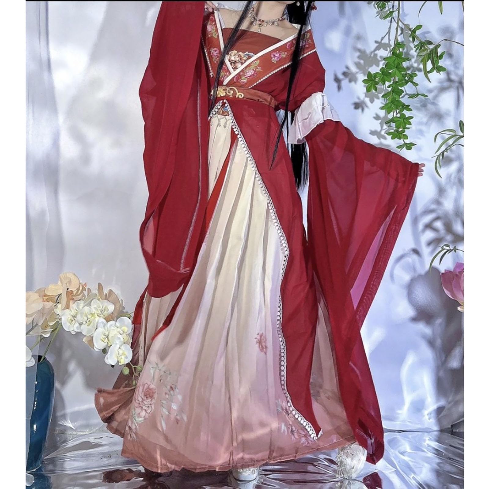 Czerwona Sukienka Hanfu W Stylu Retro W Stylu Chińskim (XS-XL), Długa Spódnica Damska Z Tradycyjnym Nadrukiem, Komplet 5-częściowy, Komfort I Przewiewność, Idealna Na Występy Sceniczne