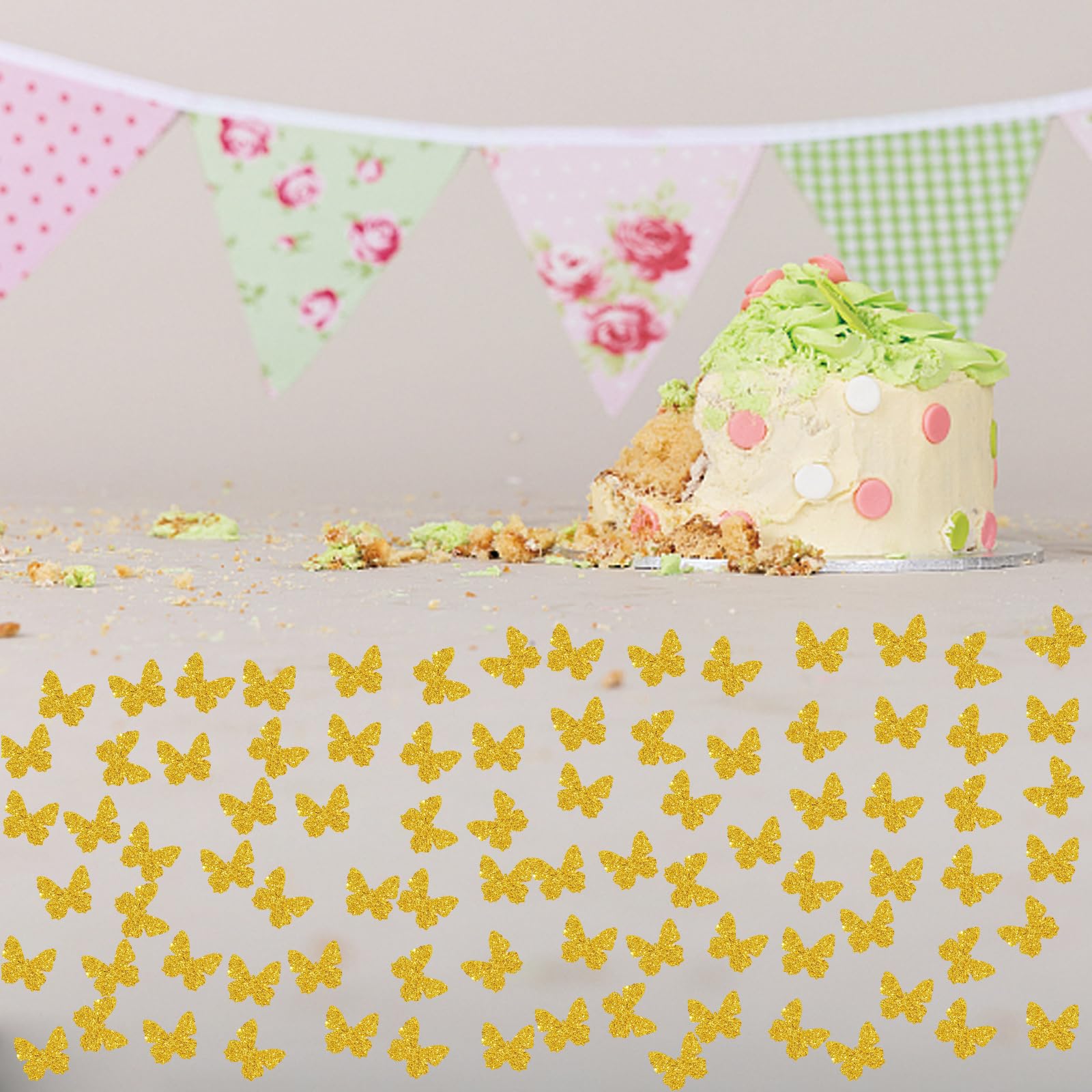 100 confeti de mariposa, papel de mariposa con purpurina dorada, confeti de fiesta de mariposa, decoración de pastel de mariposa, decoración de fiesta de cumpleaños temática de mariposa