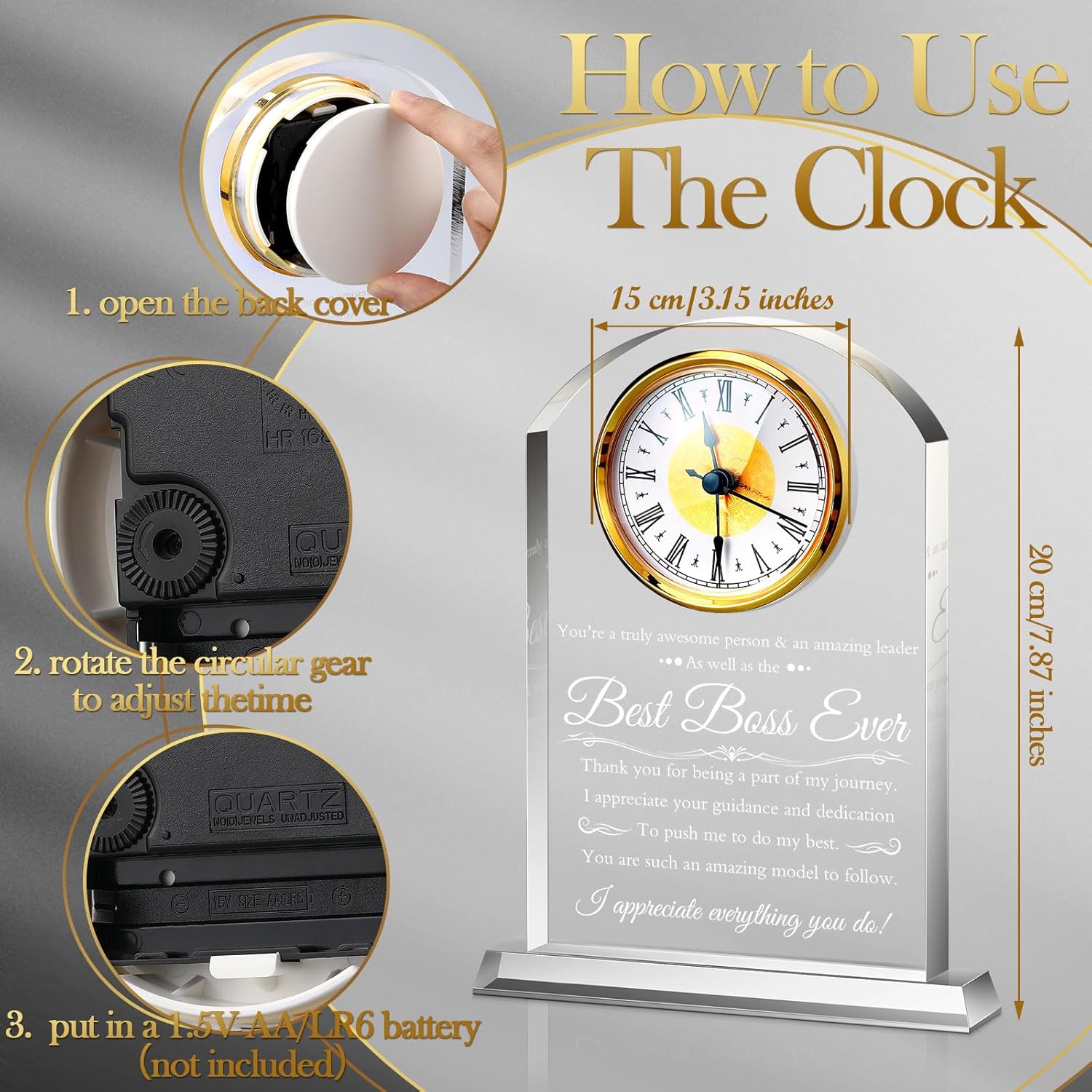 Landical Boss Clock Gifts Acrylic Boss Birthday Gifts for Men Women Appreciation Clock for Office Leader Going Away Gift Acrylic Desk Sign for Women Lady Male Leader Great Idea Home Desk Table Decor