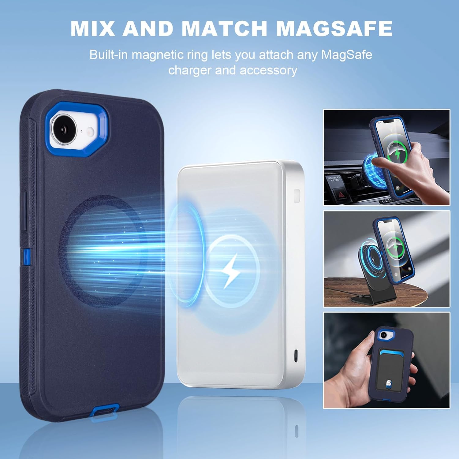 for iPhone 16e Case with Belt Clip Holster, Compatible with MagSafe, 3-Layer Shockproof Anti-Drop Full Body Protective Case, Heavy Duty Rugged Defender Cover for iPhone 16e, Navy+Blue