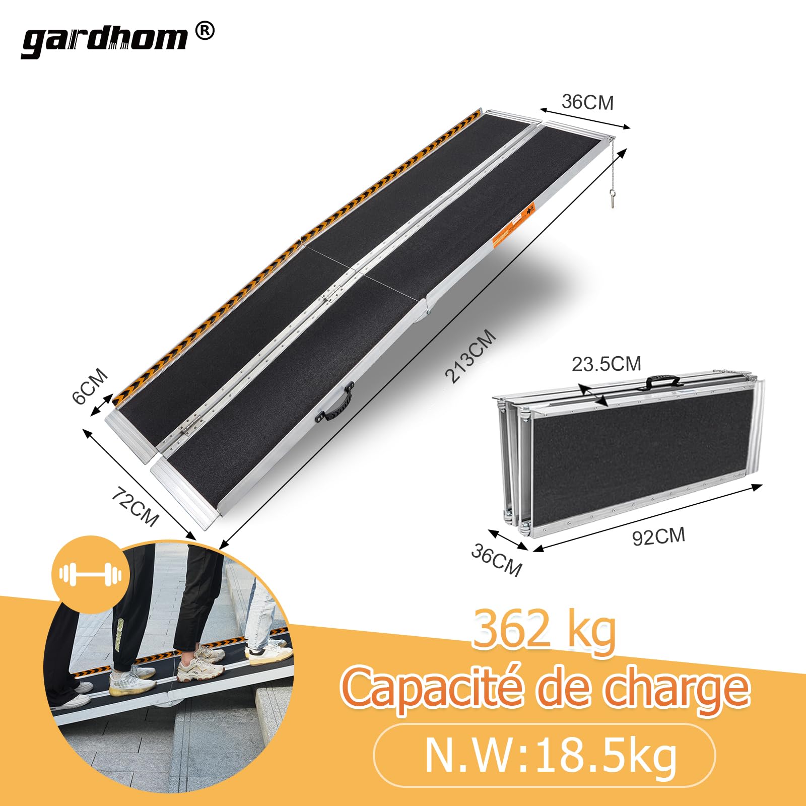 gardhom Rampes pour Fauteuils Roulants 213,5CM, Rampe de Chargement Rampe d'Accès Antidérapante Pliable avec Bordures de Sécurité Max 362KG