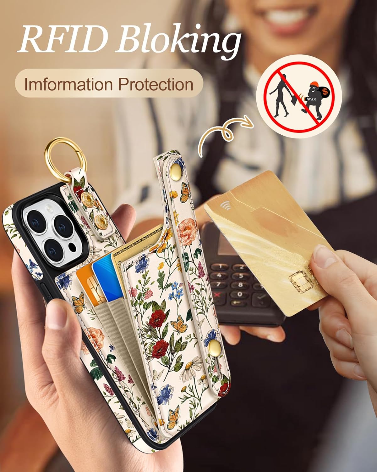 Petitian for iPhone 15 Pro Max Case with Wallet - Women Girls Cute Girly Aesthetic Unique Design with Leather Credit Card Holder Cardholder Stand Wristband for Apple 15 Promax, Vin Flower - Image 4