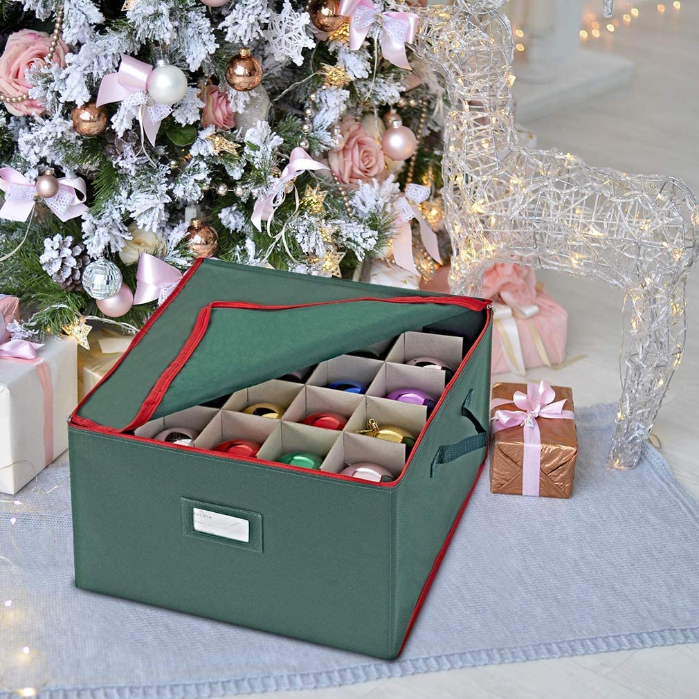 Zusammenklappbarer Aufbewahrungswürfel aus Stoff, Organizer-Behälter mit Deckel, faltbare Aufbewahrungsbox for Weihnachtskugeln, for bis zu 75 Christbaumkugeln, Weihnachtsschmuck, 1 Stück(Green)