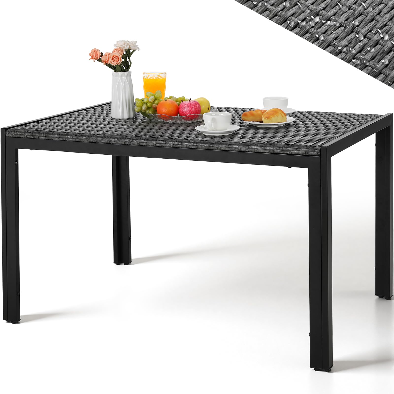 LIFERUN Tavolo da Giardino Rettangolare 4-6 Persone in PE Rattan e Metallo, 119x74 cm, Tavolo da Pranzo Esterno, Resistente alle Intemperie per Terrazza Balcone, Facile da Pulire,Grigio,4 PCS Gambe