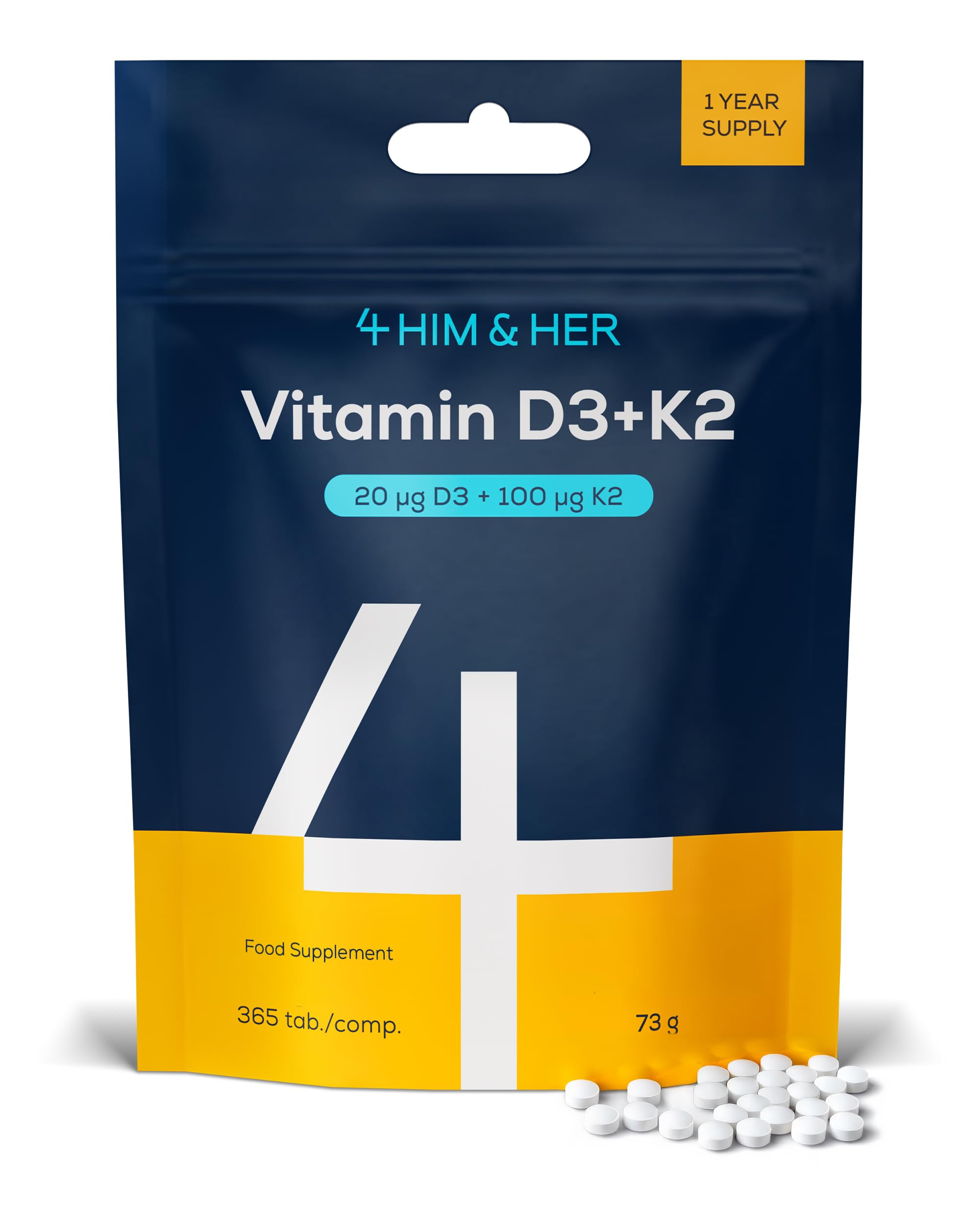 Vitamin D3 K2 Tablets (800 IU + 100µg MK7) – 365 Small Easy to Swallow UK Made Vegan Vitamin D Supplement (1 Year Supply) – Bone Health, Teeth, Muscle & Immune – Cholecalciferol – 4 HIM & HER