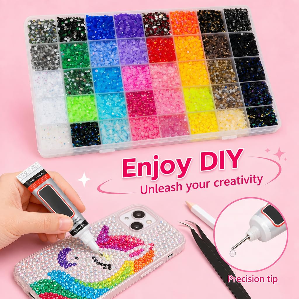 Strass Unghie da 3mm, 32000 Pezzi Brillantini Unghie, 40 Colori | Piatti Strass per Nail Art, con Penna e Pinzette, Adatti per Bricolage, Nail Art, Vestiti e Pittura Facciale