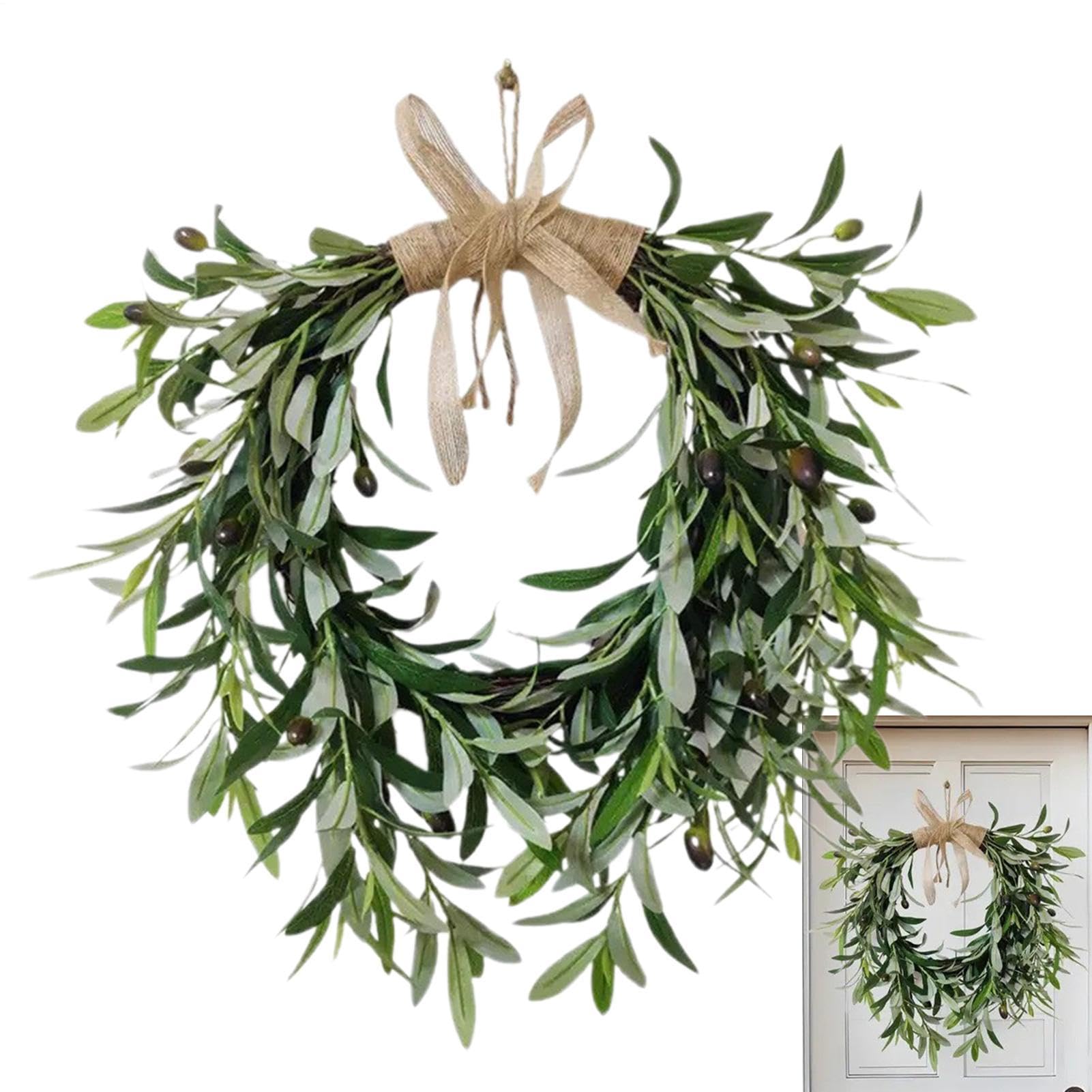 Générique Corona artificial - decoración de pared de hojas verdes, guirnalda de puerta rústica estilo granja, decoración falsa durante todo el año | usar como acento de fiesta