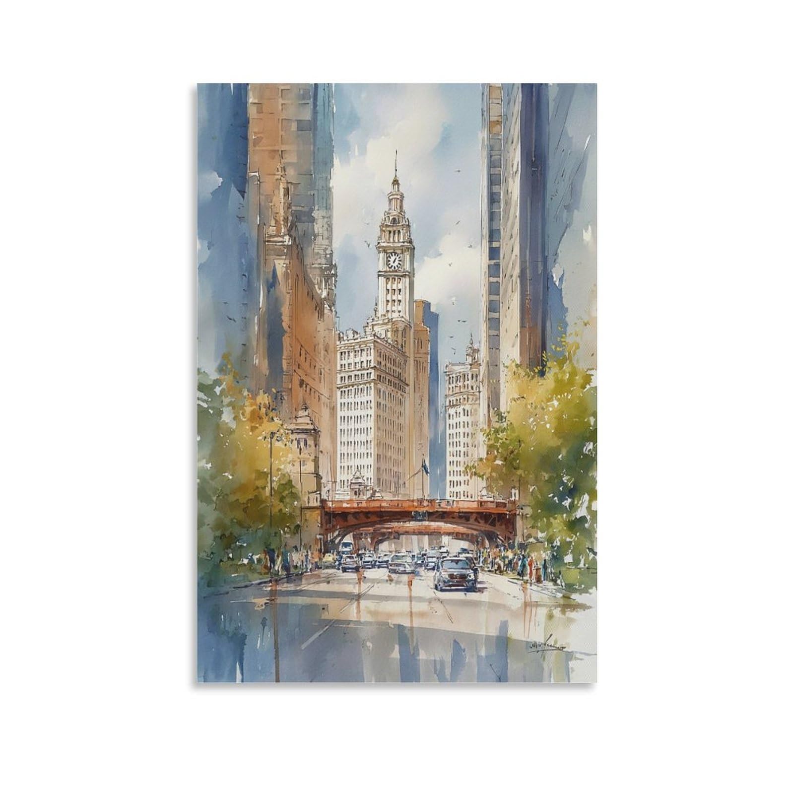 LCYNNH Chicago Watercolor Print Vintage Illinois Travel Poster 24x36inch(60x90cm) Print Home Bedroom Office Living Room Decor Canvas