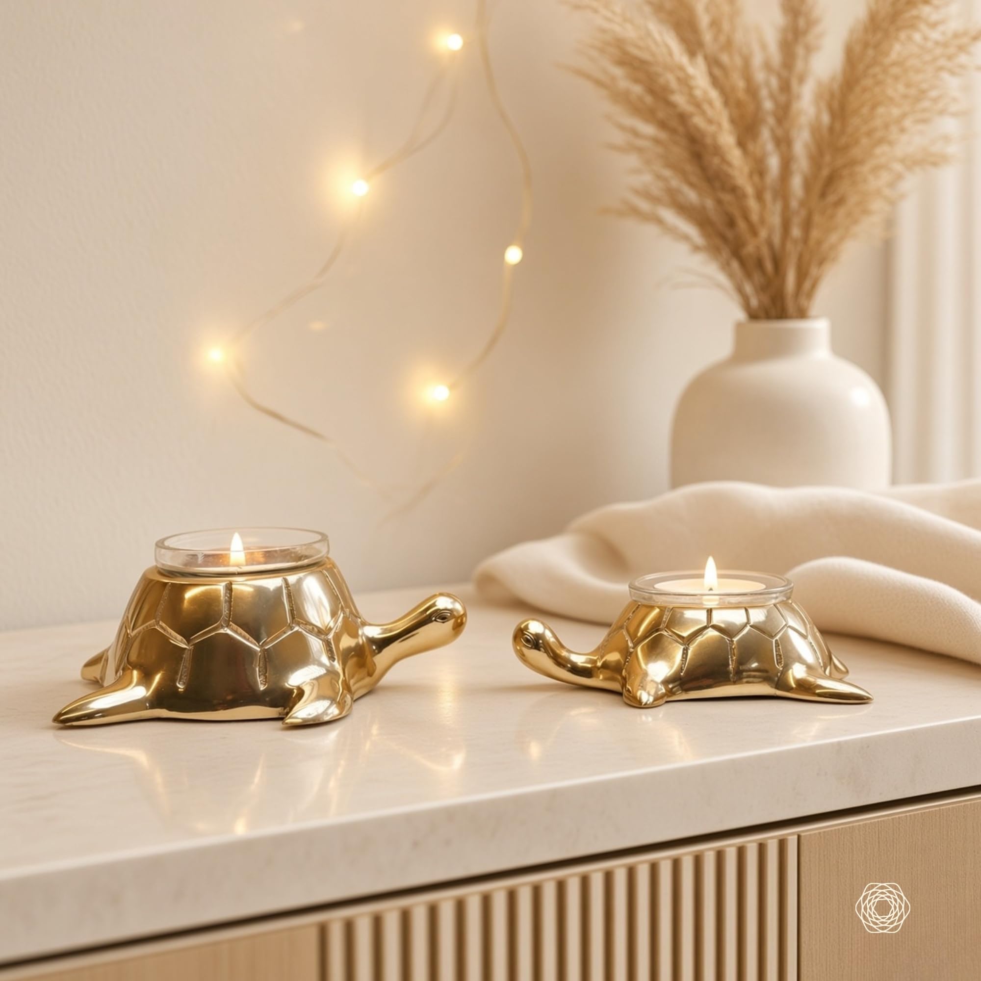BEHOMA Golden Turtle Votive Holder Mother and Child Set | Statue for Home Decor Tabletop Living Room,Candle Holder Gift Showpiece for Mothers Day, Birthday, Votives (Candle Included)