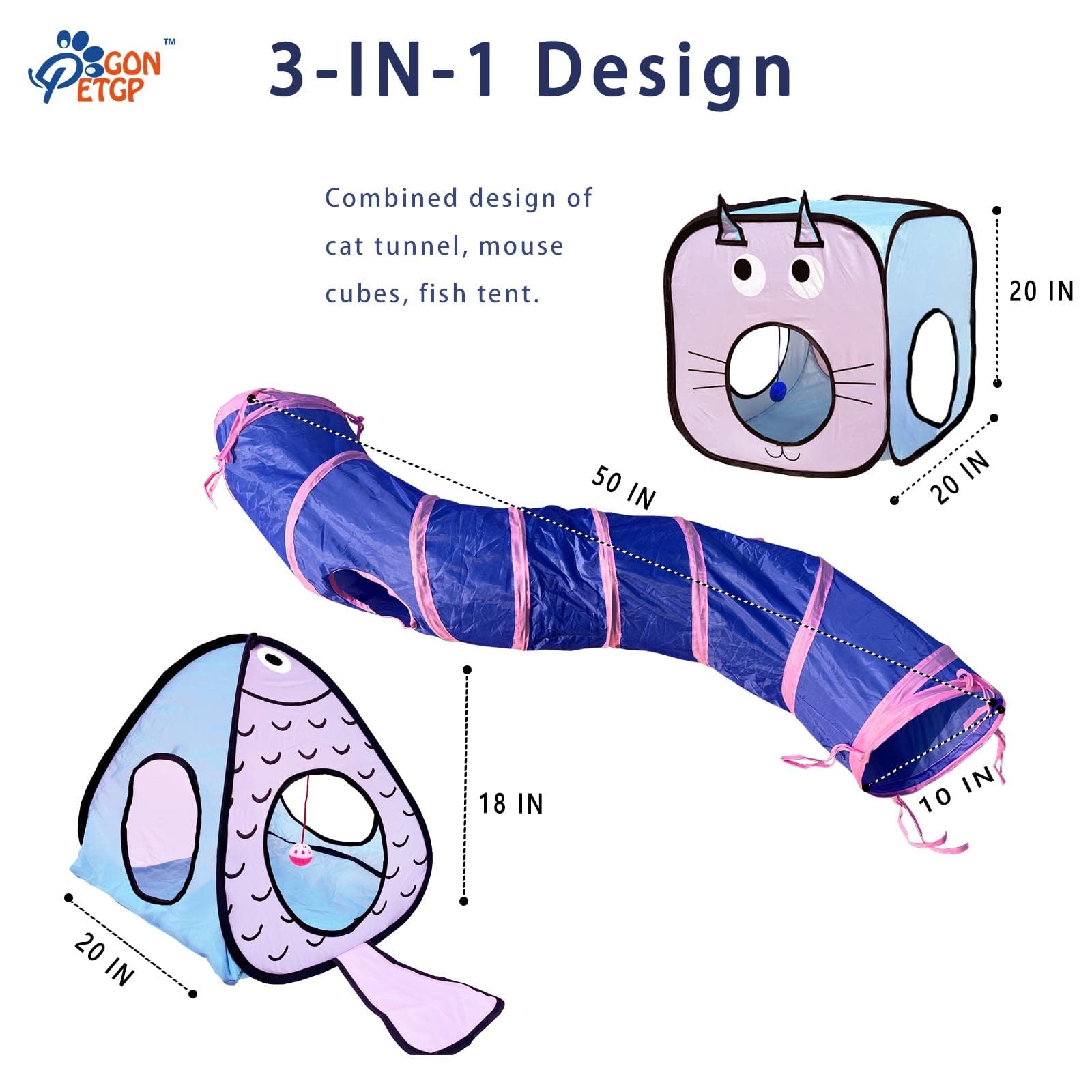 GONPETGP Cat Tunnels for Indoor Cats with Cube Tent Toys Combo, Pop Up Collapsible Crinkle Interactive Peek Hole, Cat Tube with Play Ball and Bell for Kitten, Puppy, Kitty, Rabbit - Set of 3: Blue