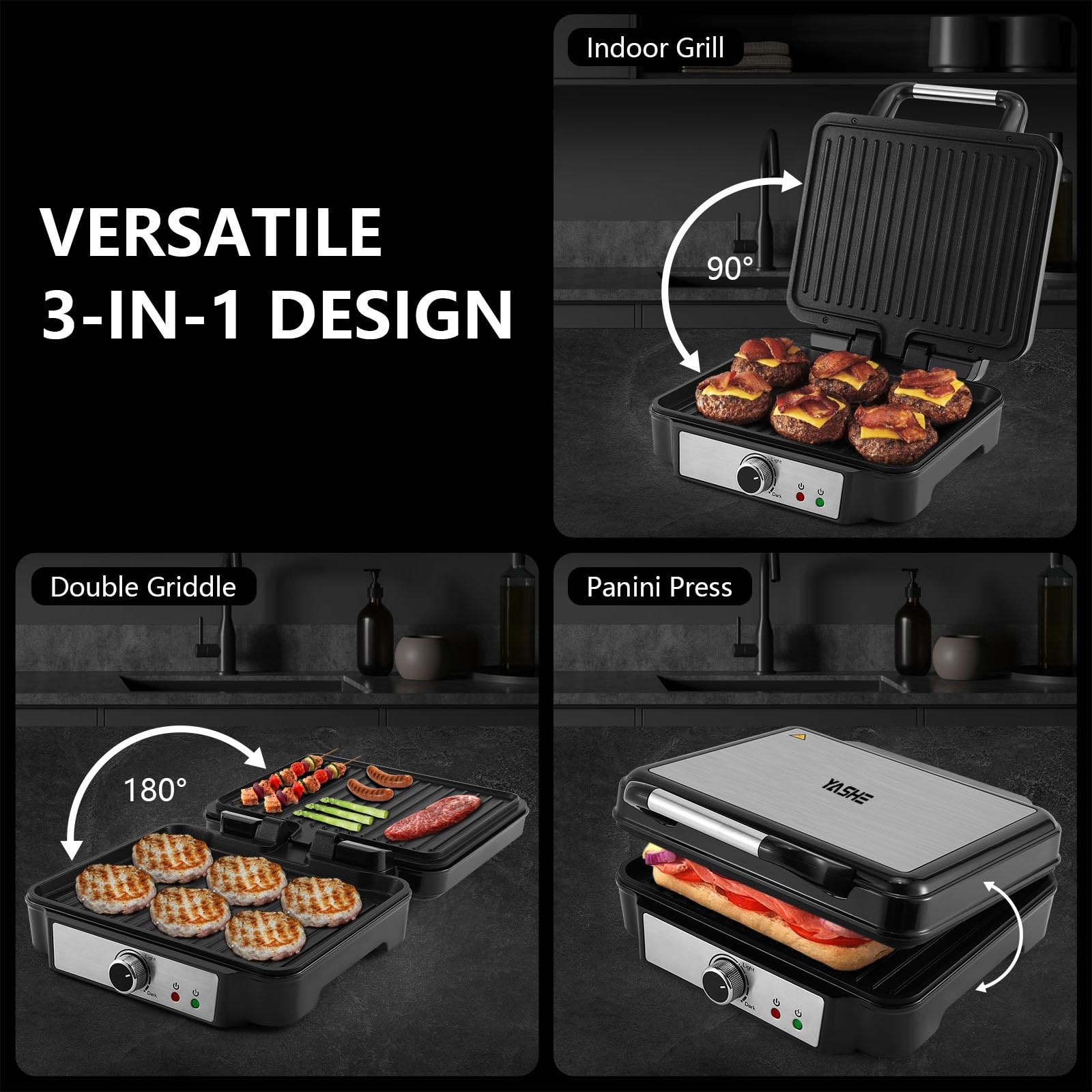 YASHE Panini Pers Sandwichmaker, 4 Plakken Grill Met Antiaanbaklaag Makers Temperatuurregeling Opent 180 Graden Verwijderbare Lekbak 1800w Roestvrij Staal 749270260