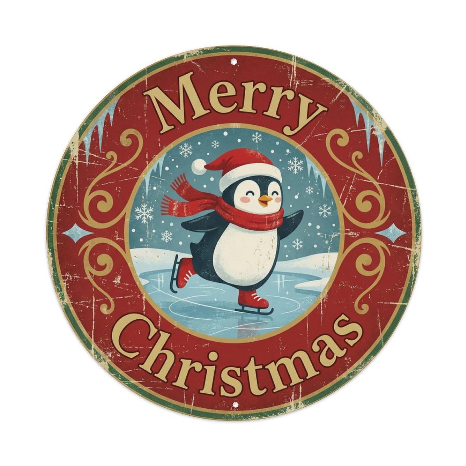 Merry Christmas Penguin Ice Skate Metal Tin Sign