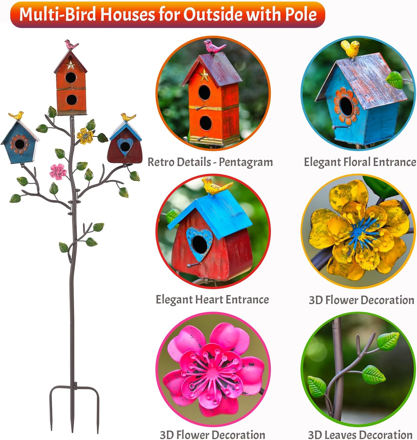 Multi-Bird Houses for Outside with Pole, Durable Colorful Birdhouse on Stake, Easy Clear, Metal Bird Houses for Outside