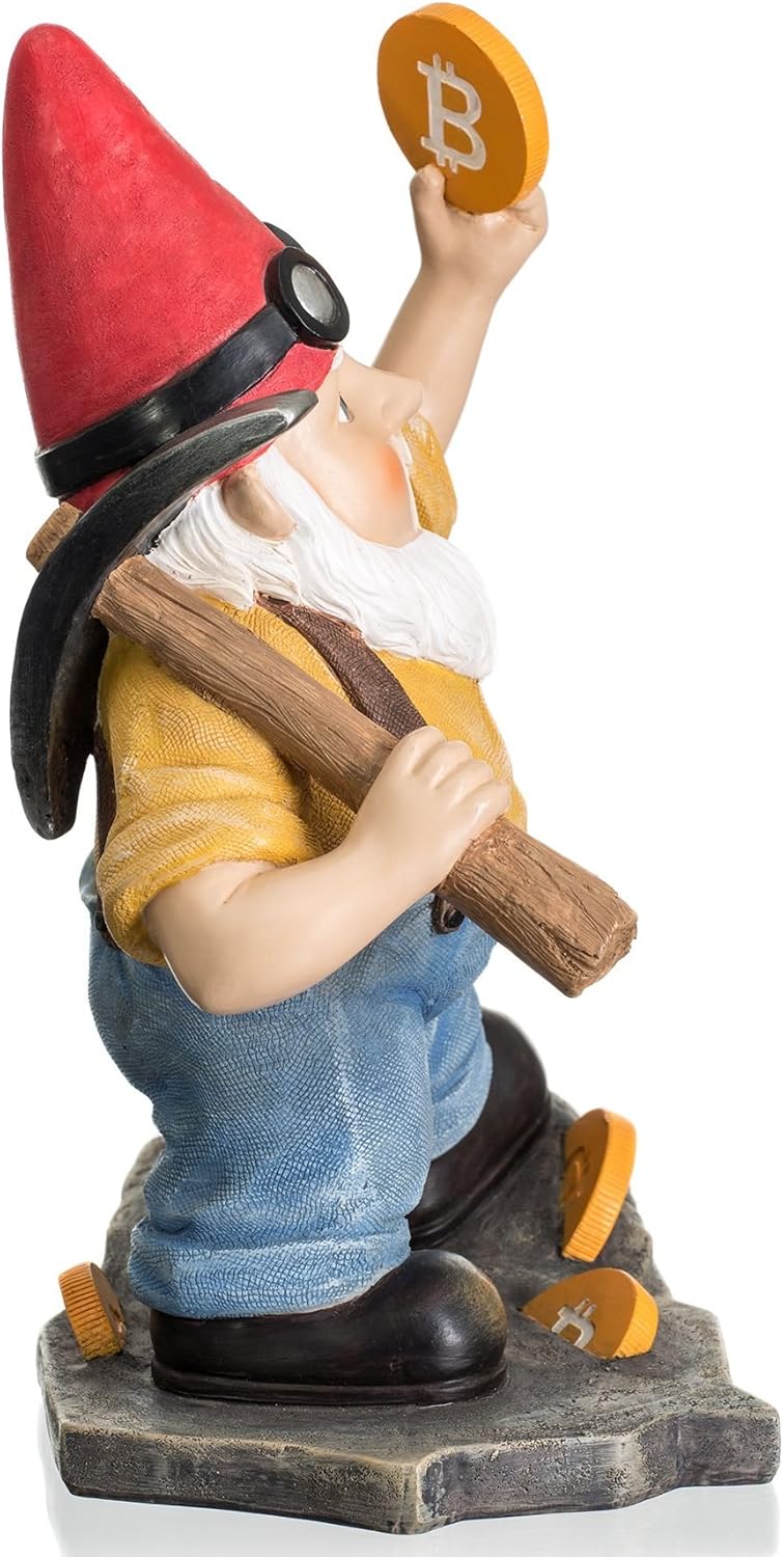 Joykick Bitcoin Miner Gnome - 11 x 7.5 Inches Hand Painted Garden Statue - Miniature Figurine for Indoor and Outdoor Use - Funny Gift for Home or Lawn Decor