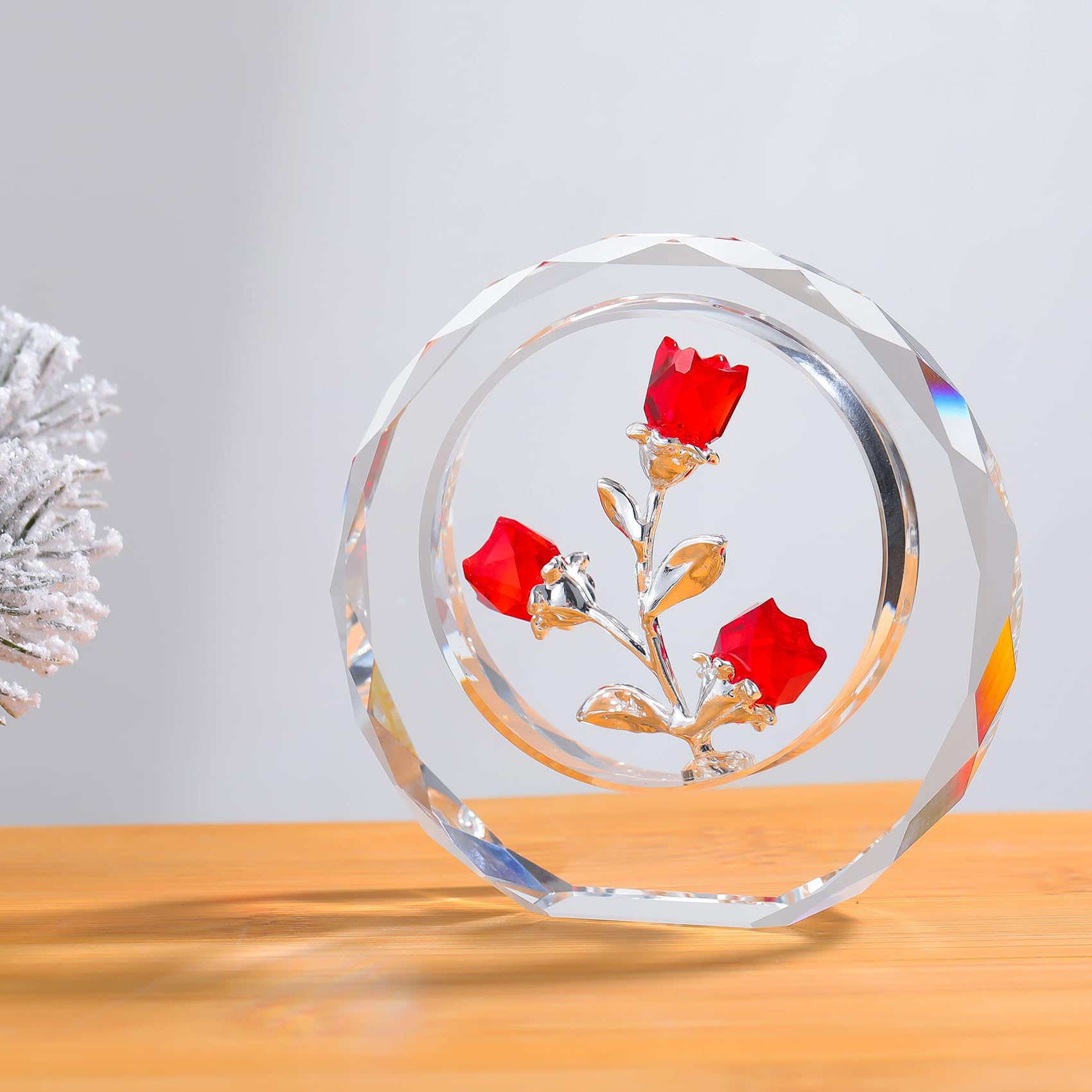 Rosa Di Cristallo K9 Con Stelo Dorato 24K - Fiore Di Vetro Fatto A Mano Con Biglietto D'Auguri - Regalo Simbolo Amore Eterno Per Lei, Mamma, Fidanzata - Ideale Per San Valentino, Festa Della Mamma, Natale