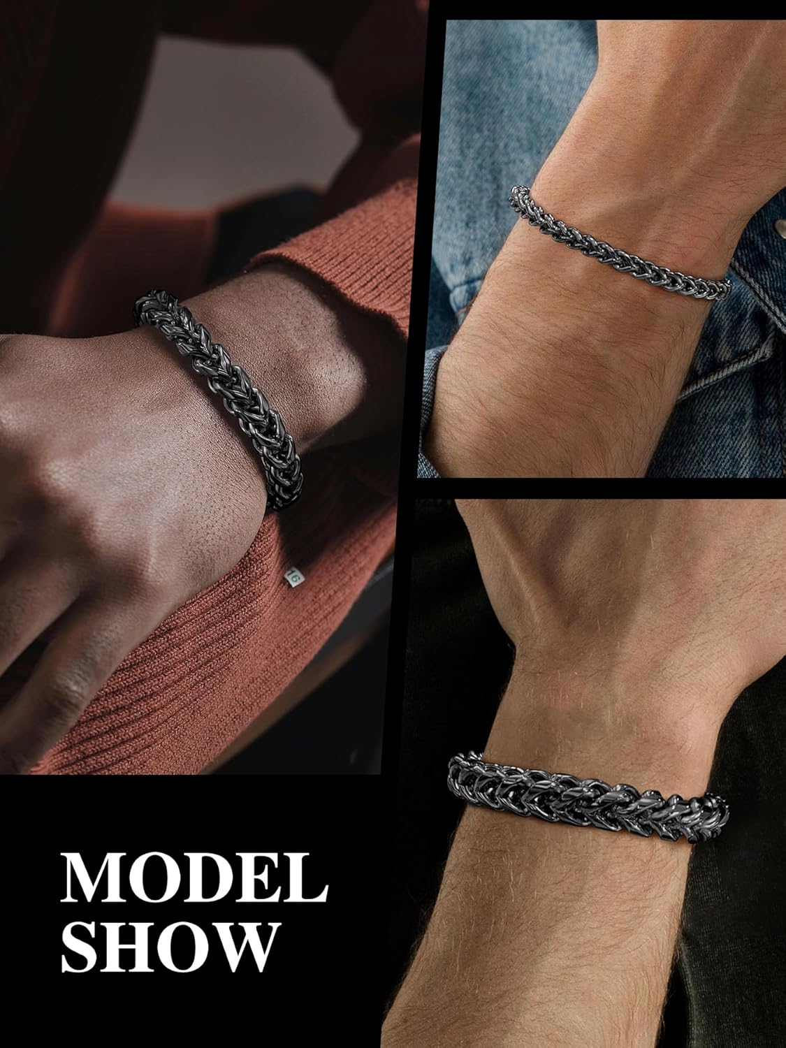 Mens Franco Chain Bracelet - 5MM, 8MM, 10MM Width - Stainless Steel/Black Metal/18K Gold Metal - Fold Over Clasp Jewelry Gift for Men, Dad, Husband - Image 7