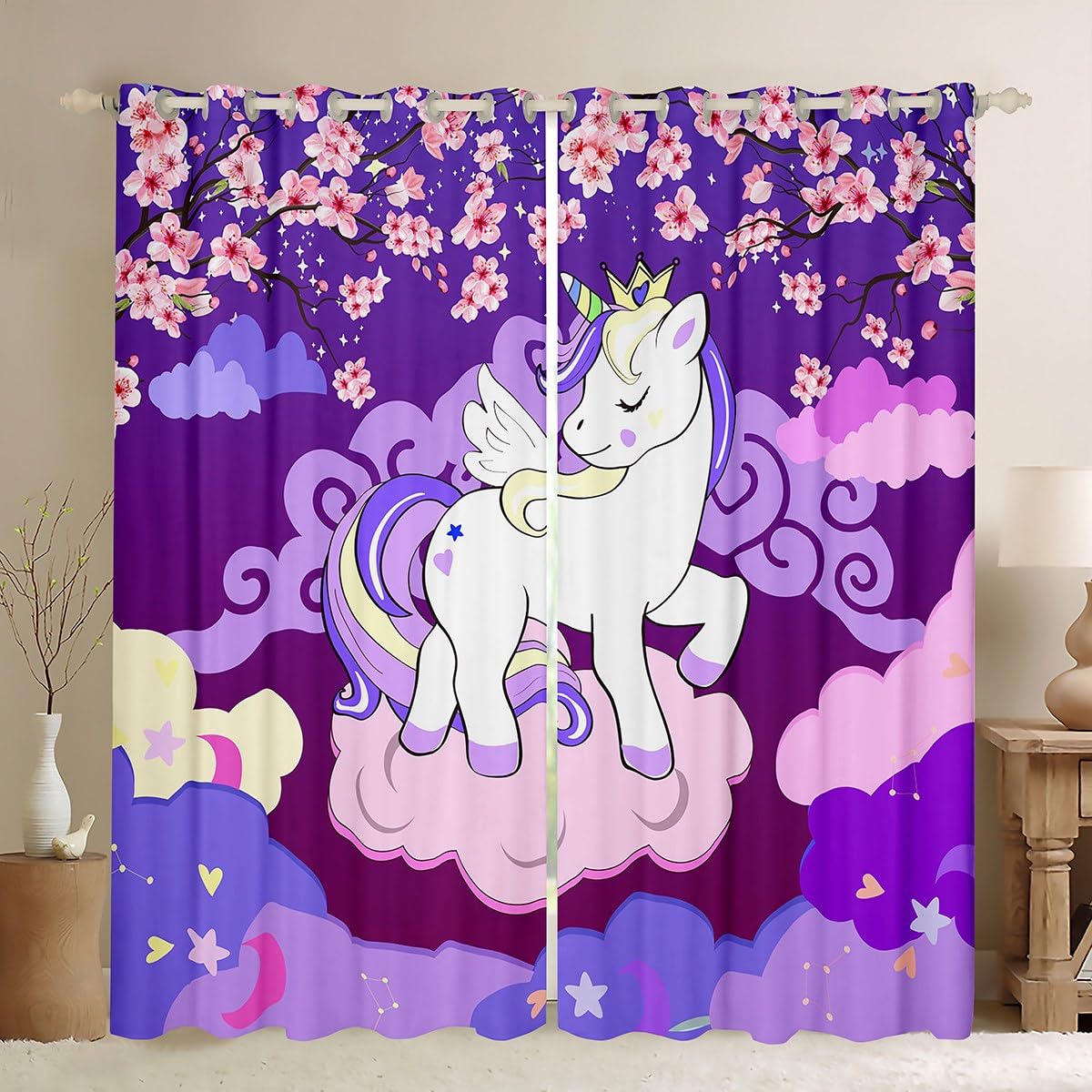 Feelyou Unicorn Window Curtains for Bedroom Living Room for Girls Cherry Blooming Unicorn Curtains Kids Japanese Style Clouds Purple Cute Window Drapes Treatments Horse Flower 38W X 54L,2 Panels