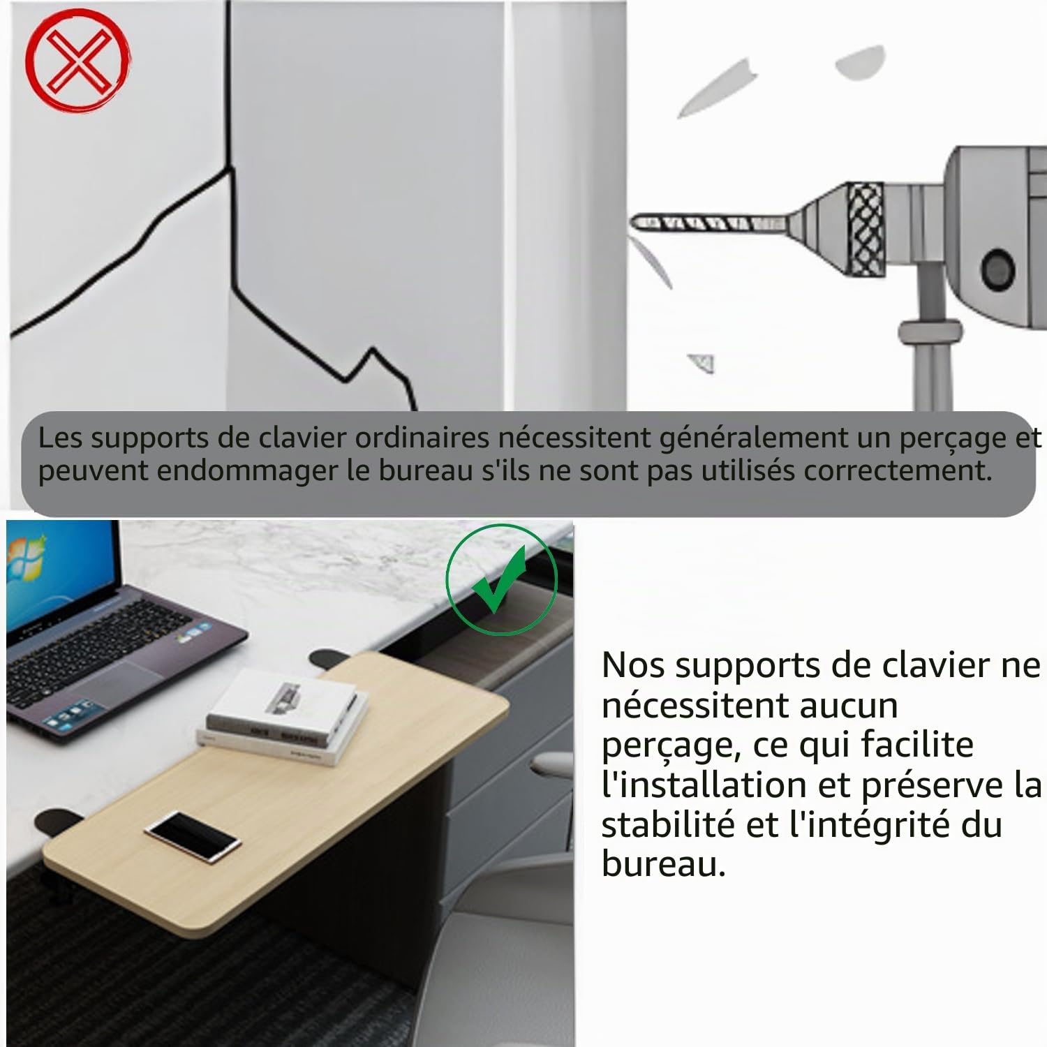 Extension de Bureau Pliable à 90° 52x25cm, Plateau d'extension Ergonomique, Rallonge pour Clavier, Installation sans Perçage, Extension Bureau Pratique (chêne - 52 x 25 cm)