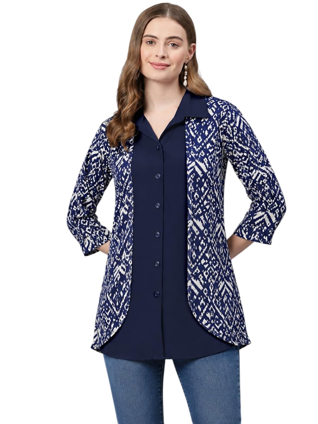 cottinfab Women's Navy Blue Printed Layered Shirt Top-picture-14