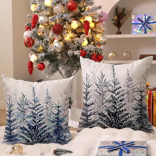Miniatura 9 de DFXSZ Juego de 2 fundas de almohada de Navidad de 16 x 16 pulgadas con acuarela, color azul, verde, árbol de Navidad, decorativas, blancas,