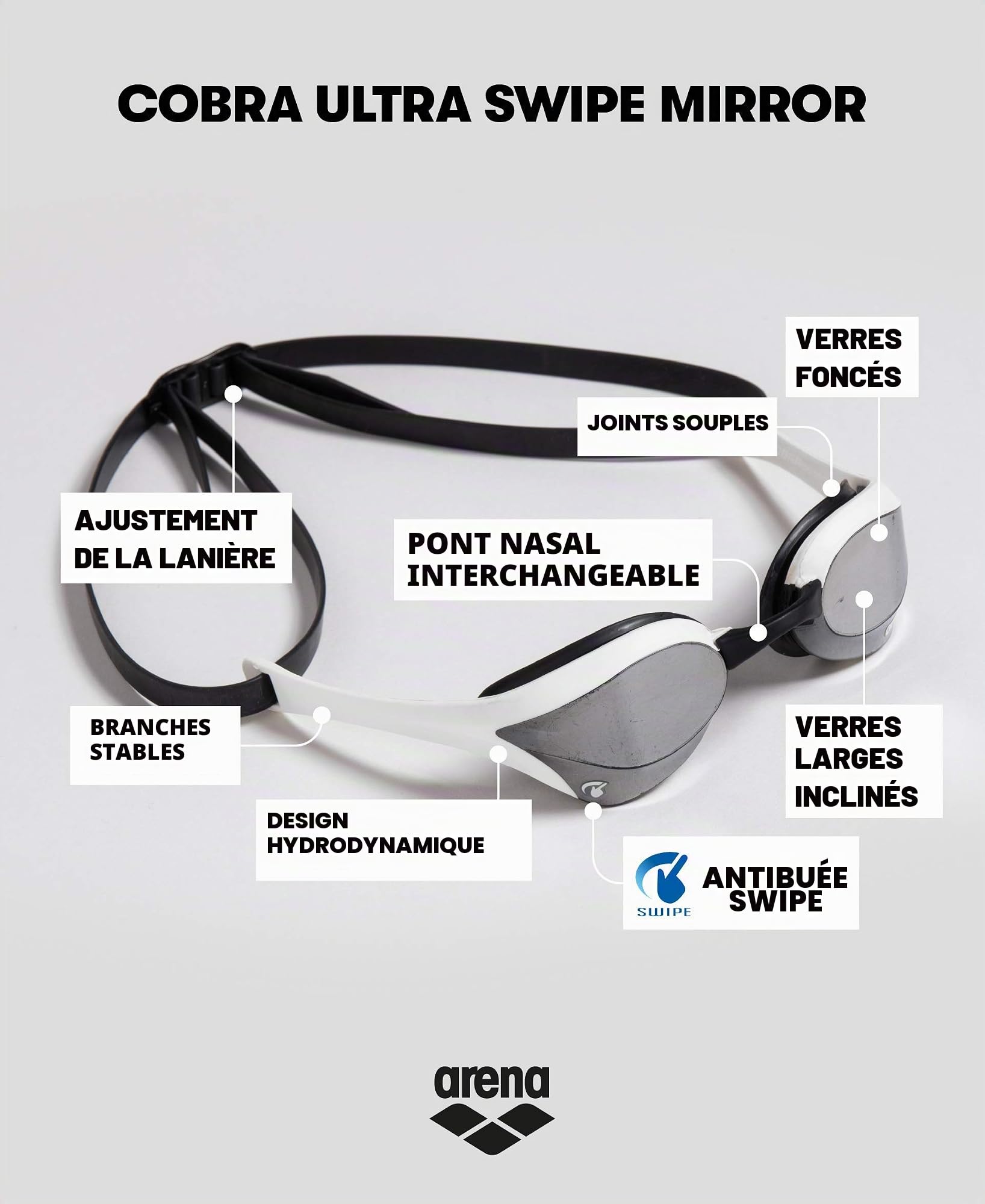arena Cobra Ultra Swipe Mr Lunettes De Plongée Homme, Silver-Black, Taille Unique & Swim Goggle Case, Étui pour Lunettes de Natation, Étui Rigide, Couleur Noire