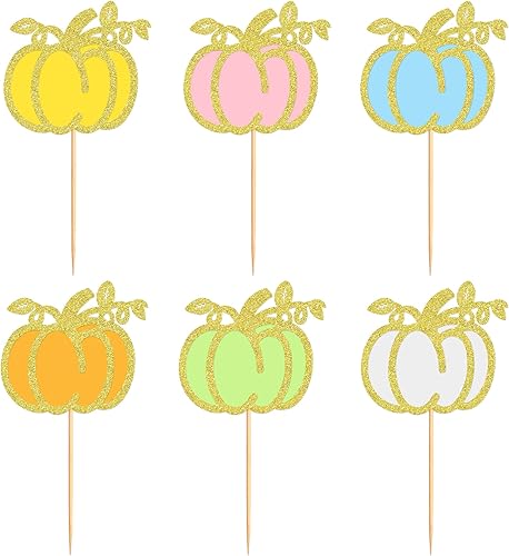 Miniatura 109 de Ercadio Paquete de 24 adornos de calabaza para cupcakes con purpurina de cosecha de otoño, calabaza, cupcakes, decoraciones para calabaza, tema de B
