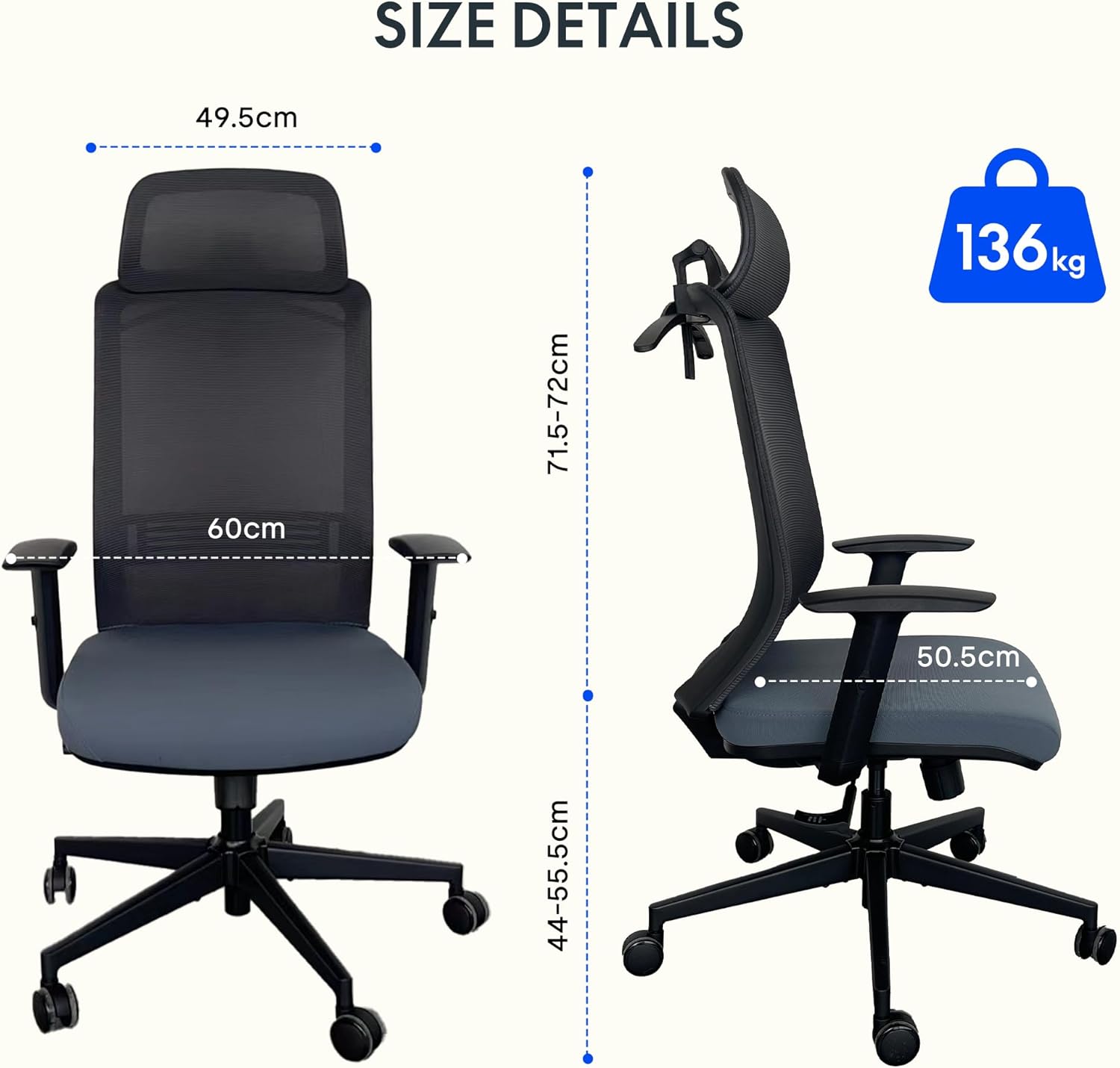 Diagram showing chair dimensions and weight capacity