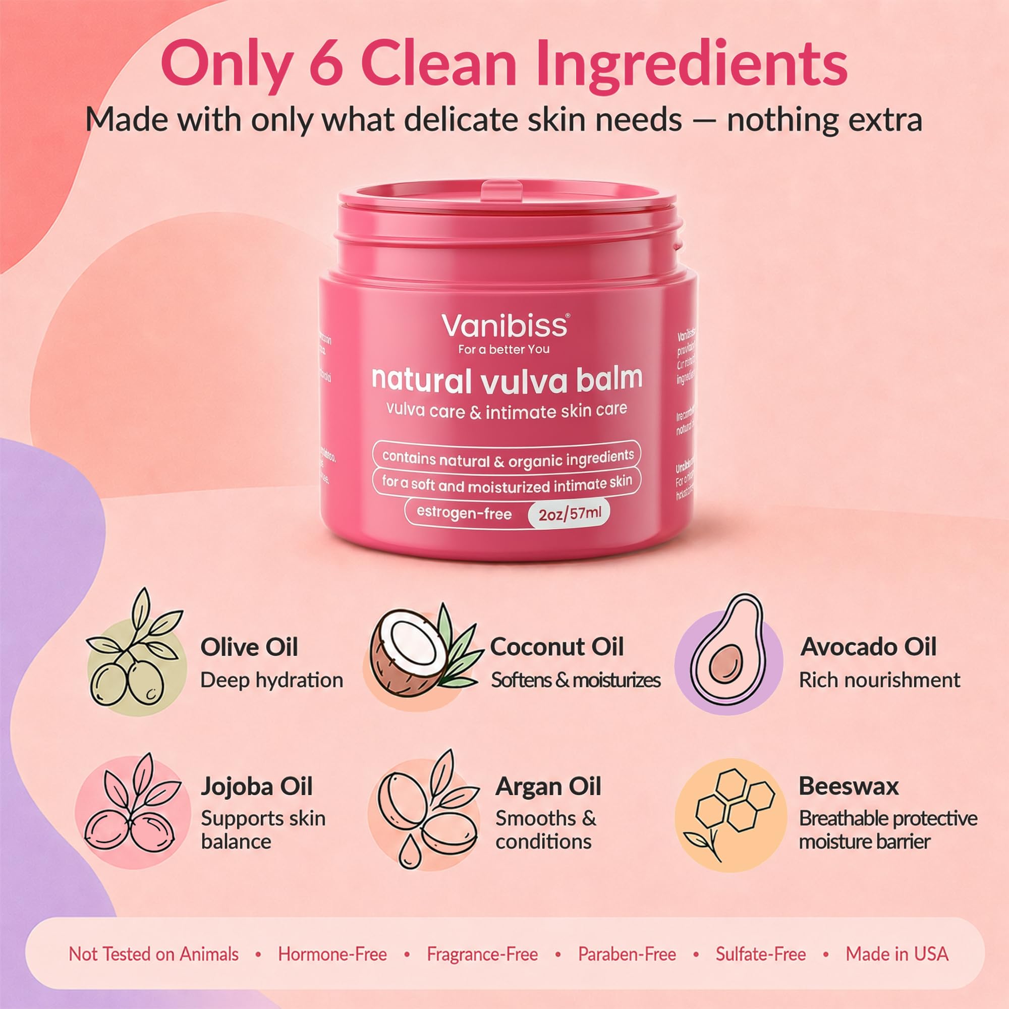 Vanibiss Crema orgánica de bálsamo de vulva, humectante vaginal, cuidado íntimo de la piel, soporte para la menopausia: alivia la sequedad, picazón, olor, irritación: libre de estrógenos (2 onzas)