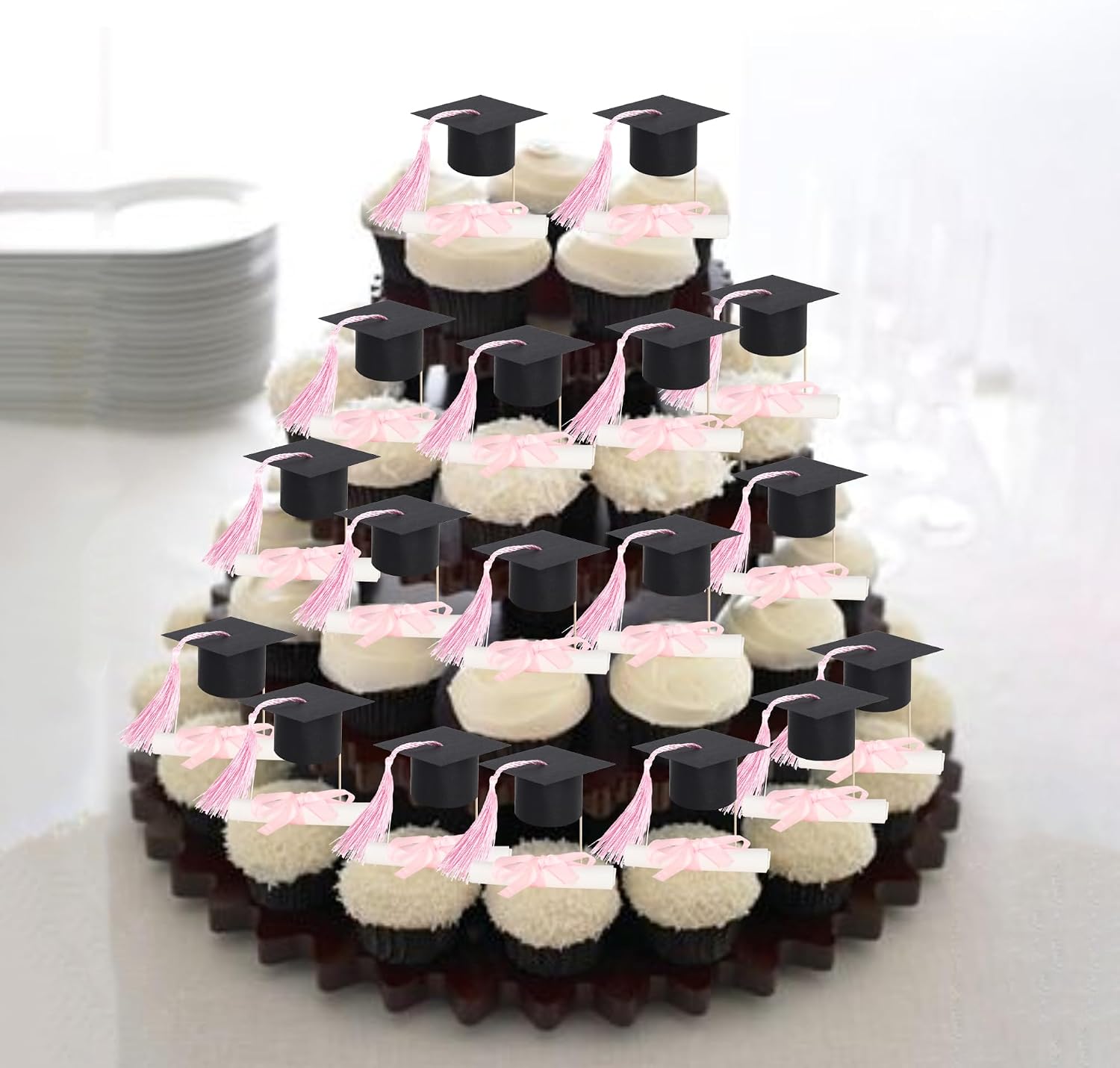 24 PCS 2026 Graduation Cap Cupcake Toppers Pink Tassel Diploma Class of 2026 Congrats Grad Cap Cupcake Picks Mini Cap Chocolate Decorations for 2026 School Graduation Party Cake Decorations Supplies