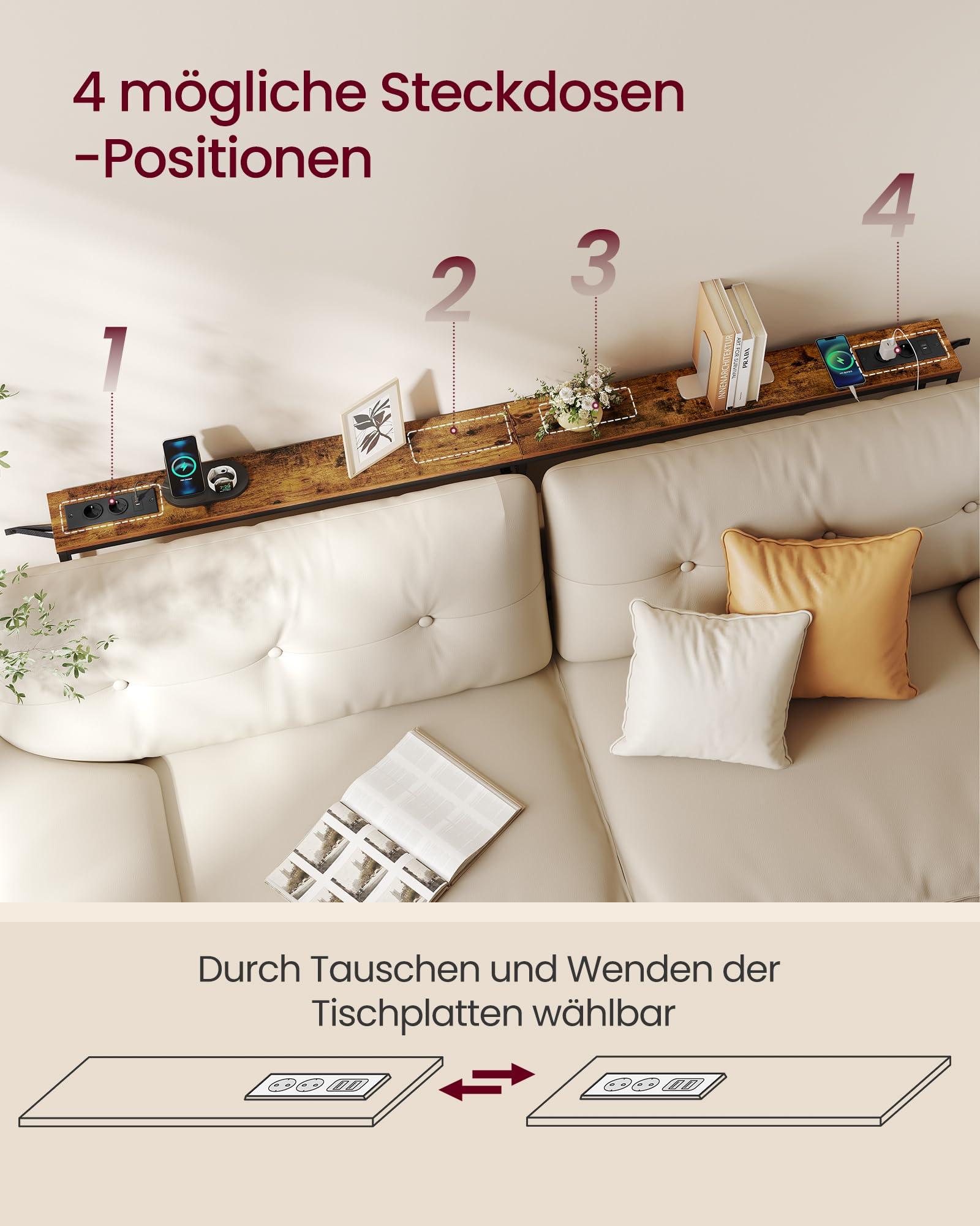 VASAGLE Konsolentisch mit Ladestation, schmaler Sofatisch, Flurtisch, 2 Tischplatten, einfache Montage, für Flur, Wohnzimmer, 15 x 200 x 80 cm, vintagebraun-Mattschwarz LNT077K102