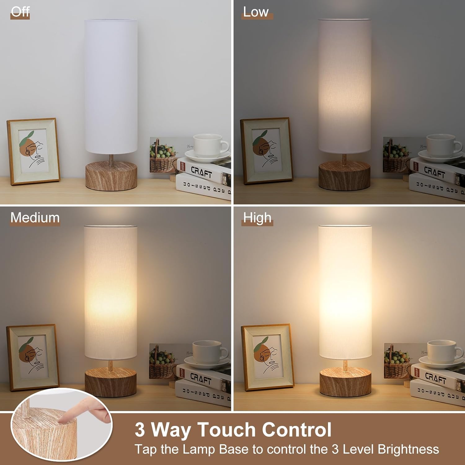 Touch Table Lamp with Metal Base Covered with Wood Grain, 3 Way Dimmable Bedside Nightstand Lamp with White Shade, Simple Night Light for Bedroom Living Room Home Office, LED Bulb Included