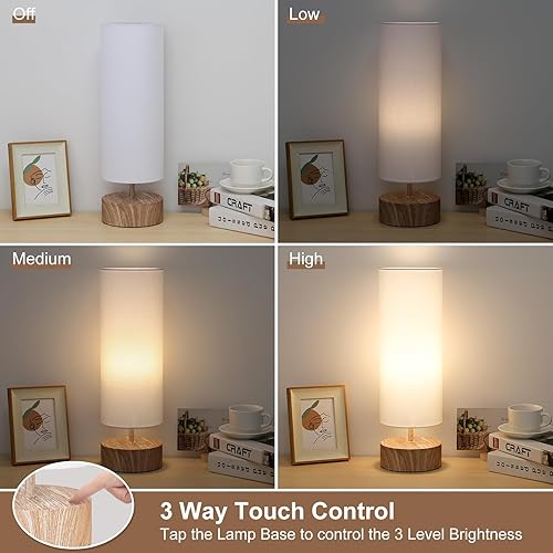 Miniatura 3 de Lámpara de mesa de noche, lámpara de mesa de control táctil de 3 vías con base de grano de madera, lámpara de mesita de noche regulable con pantalla