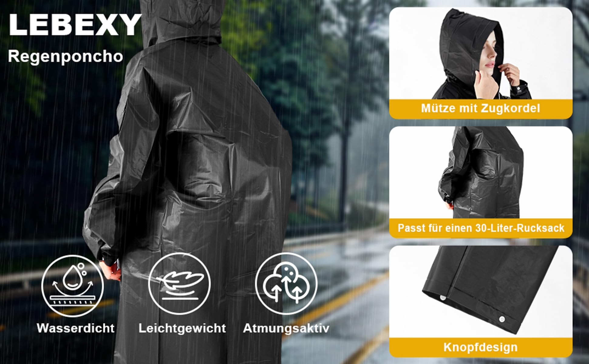LEBEXY Ponczo przeciwdeszczowe damskie z kapturem | kurtka przeciwdeszczowa na festiwal, płaszcz przeciwdeszczowy, peleryna przeciwdeszczowa, peleryna na wędrówki, do jazdy na rowerze, EVA,