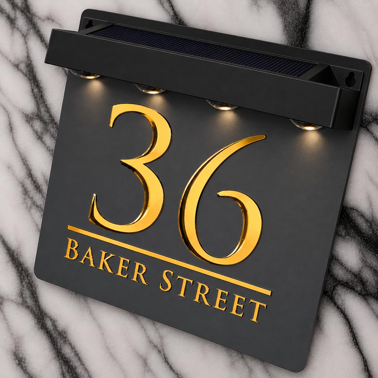 K Smart Sign | Bellissima S1 LED F32 | Square Solar Light House Signs Door Number Plaques With LED Personalised Name Address Sign For Wall With Classic Text (Matt Grey & Gold Mirror)