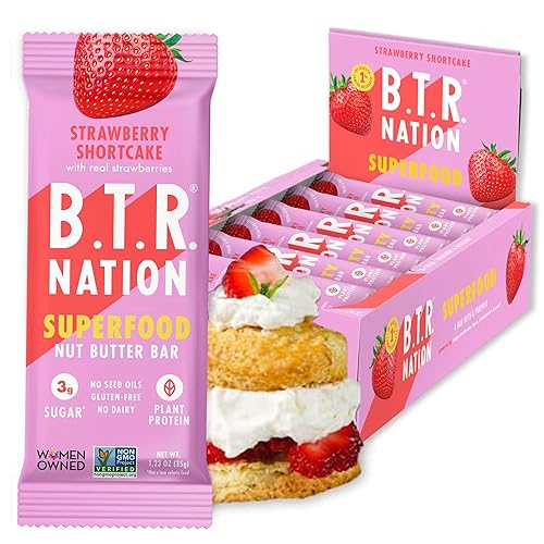 B.T.R. Nation Barras de Proteína Vegana Superfood - Strawberry Shortcake VITALITY 12 Barras Keto, a Base de Plantas y Sin Gluten, Bajas