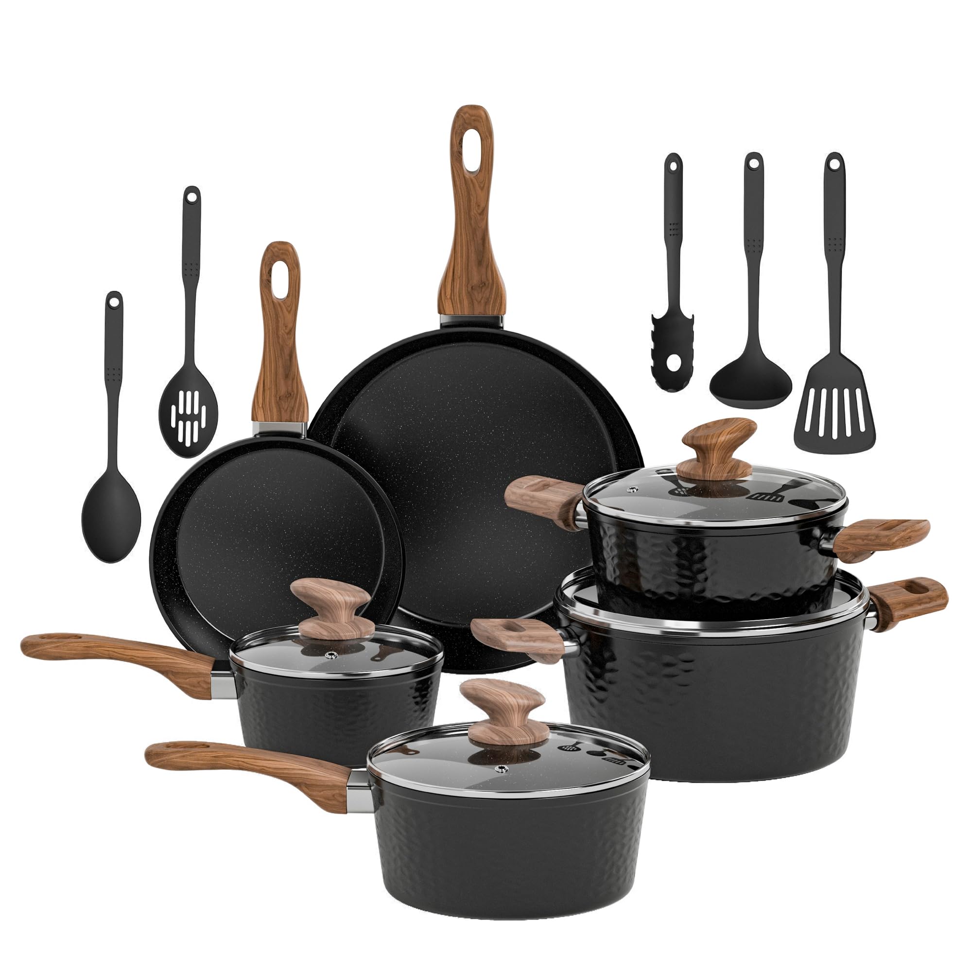 Kitchen Academy Non Stick Cookware, Pots Pans Sets with Lids 15PCS Black