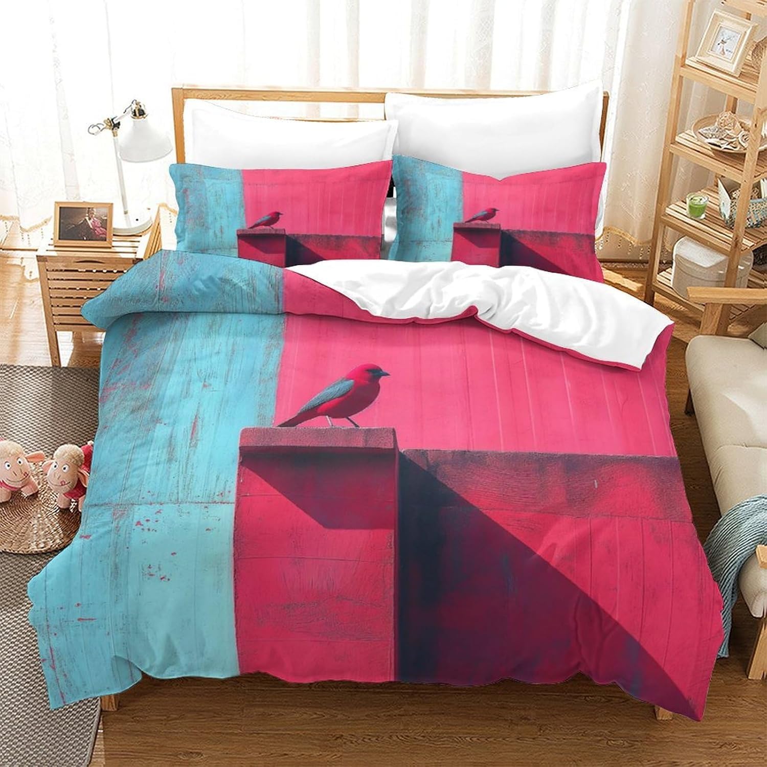Housse de couette oiseaux 260x230 cm avec taies d'oreiller pour lit enfant