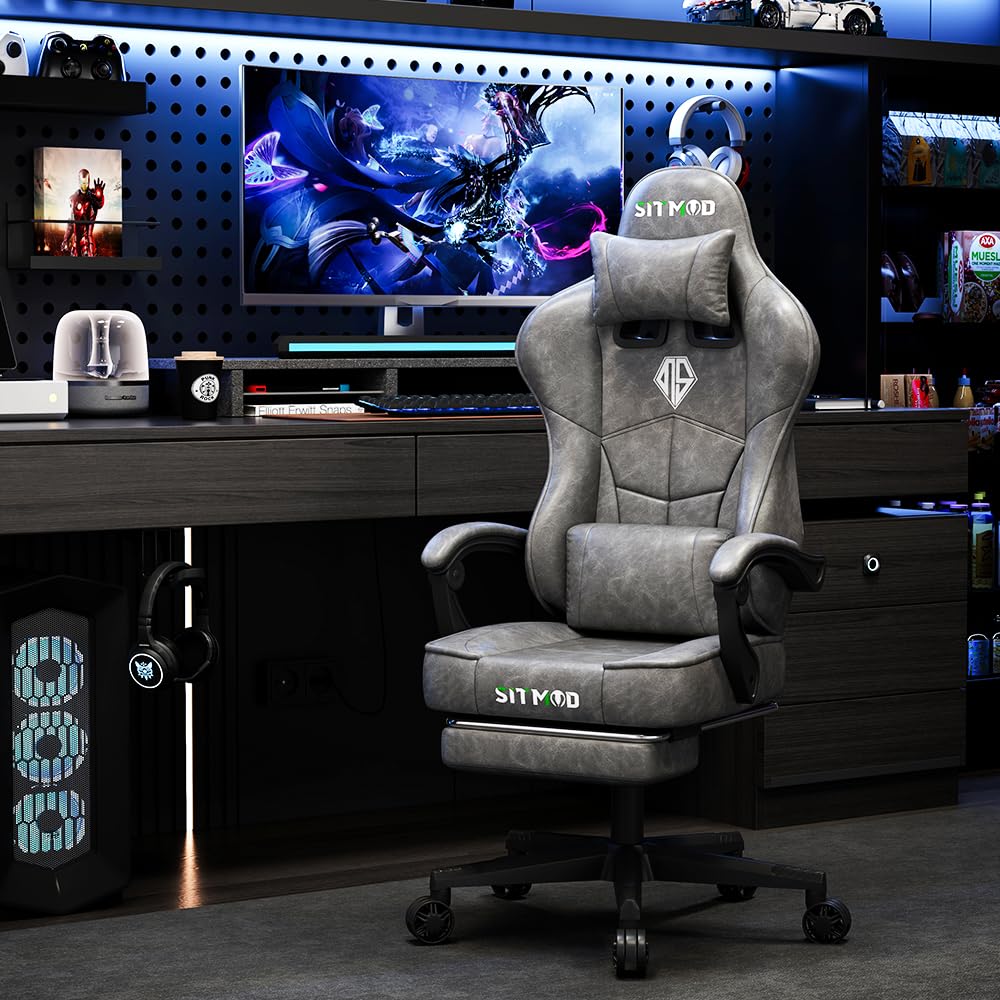 Sedie Gaming, Sedia da Ufficio Ergonomica, Poltrona Altezza Regolabile, Sedia da gioco con poggiatesta e supporto lombare sedia per PC, con poggiapiedi, in pelle PU, girevole a 360 gradi-Gray