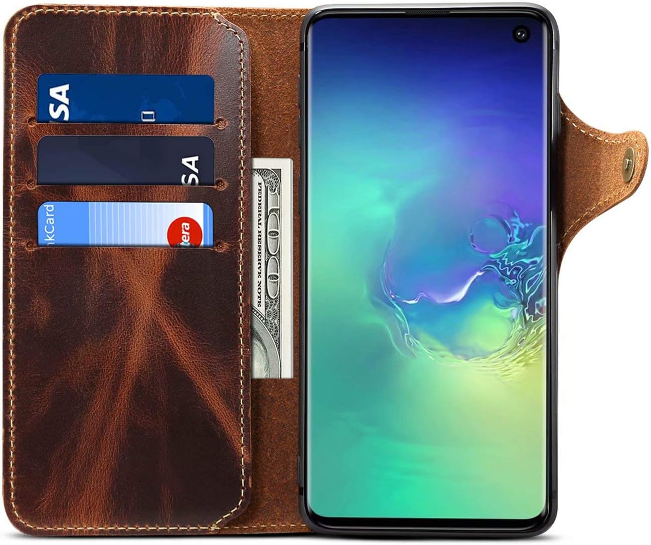Genuine Leather Wallet Case for Samsung Galaxy S10 Plus,Classic Oil Wax Pattern Real Leather Button Card Slot Flip Stand Case Cover with Lanyard Brown