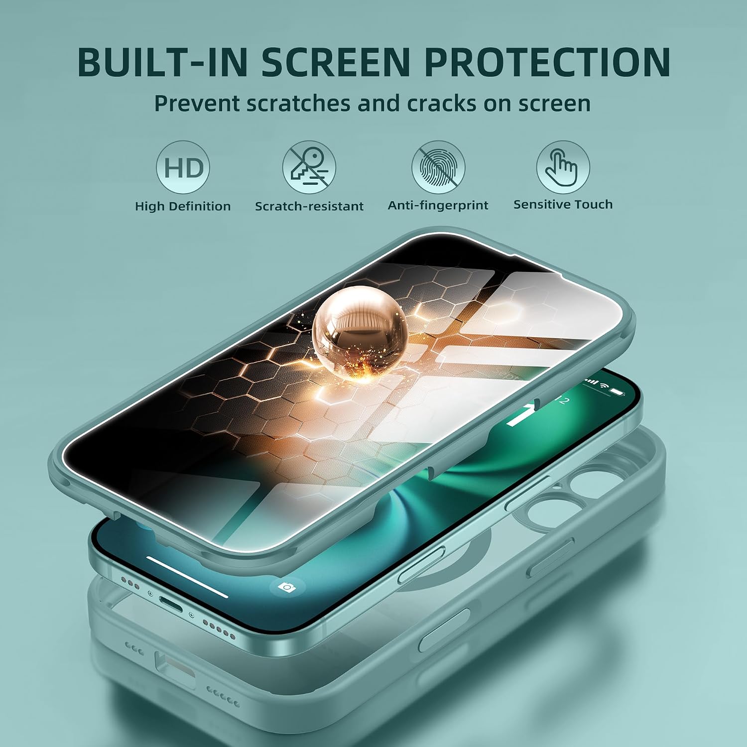 BERFY for iPhone 16 Case, Compatible with MagSafe, Built-in Privacy Screen Protector, Camera Protection, Shockproof Full Body Phone Case 6.1", Clear Green