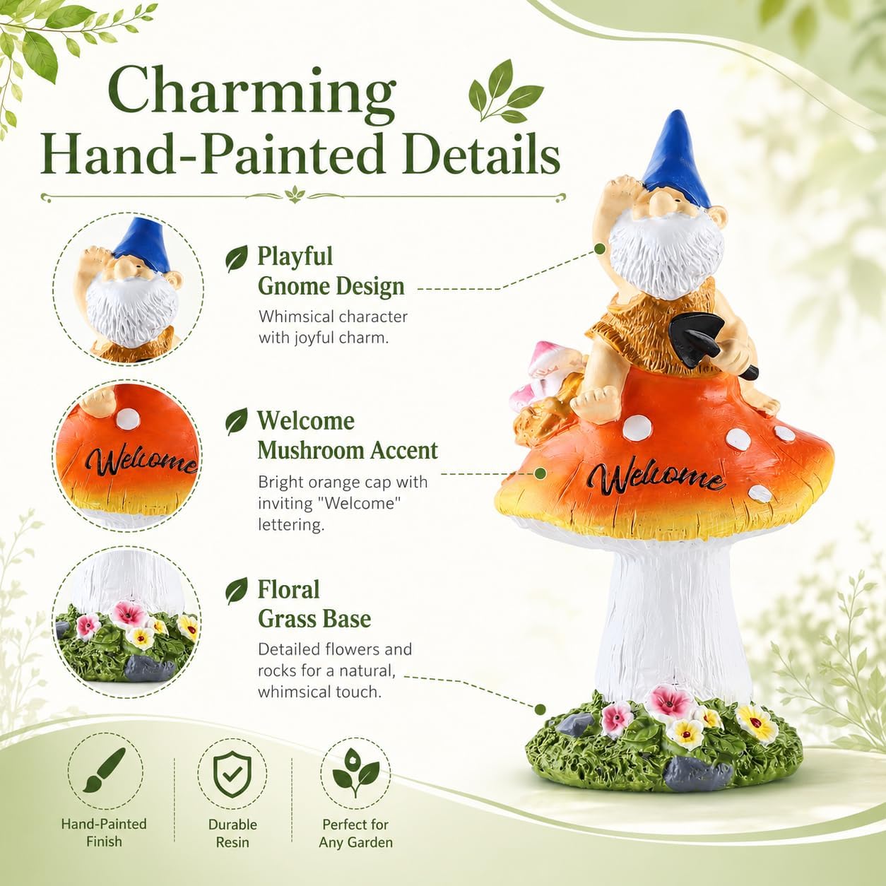 Welcome Garden Gnome Statue - 10 Inch Funny Gnome Sitting on Mushroom Figurine, Outdoor Garden Decor for Yard, Lawn, Patio, Porch, Whimsical Hand-Painted Housewarming Gift for Garden Lovers image 5
