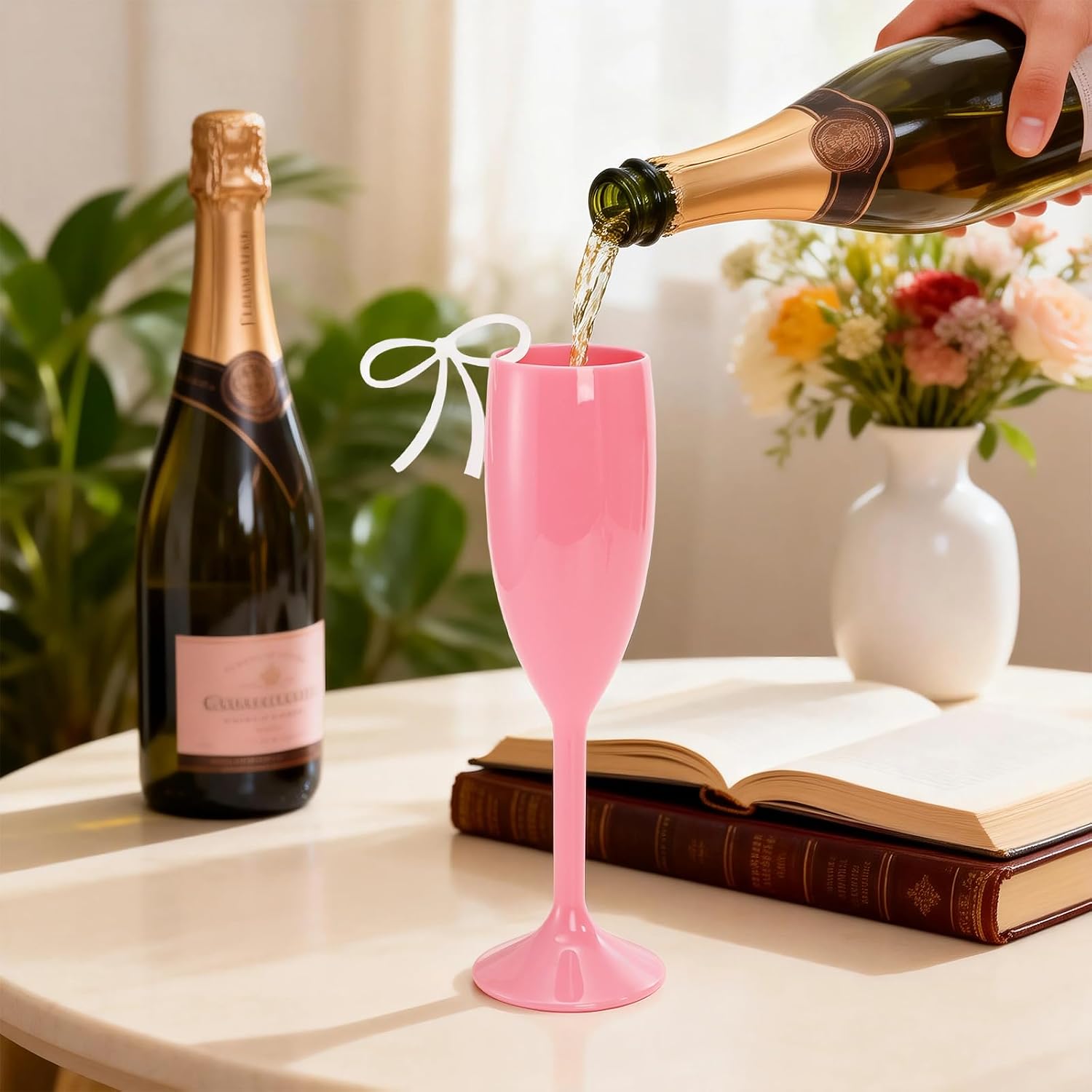 12 Pack Pink Champagne Flutes with Bow Tag, 5 Oz Wine Stemware