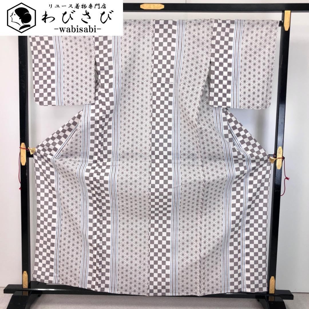 夏着物 浴衣 池田重子監修 夢工房 綿絽 麻の葉に市松模様 乳白色 K-
