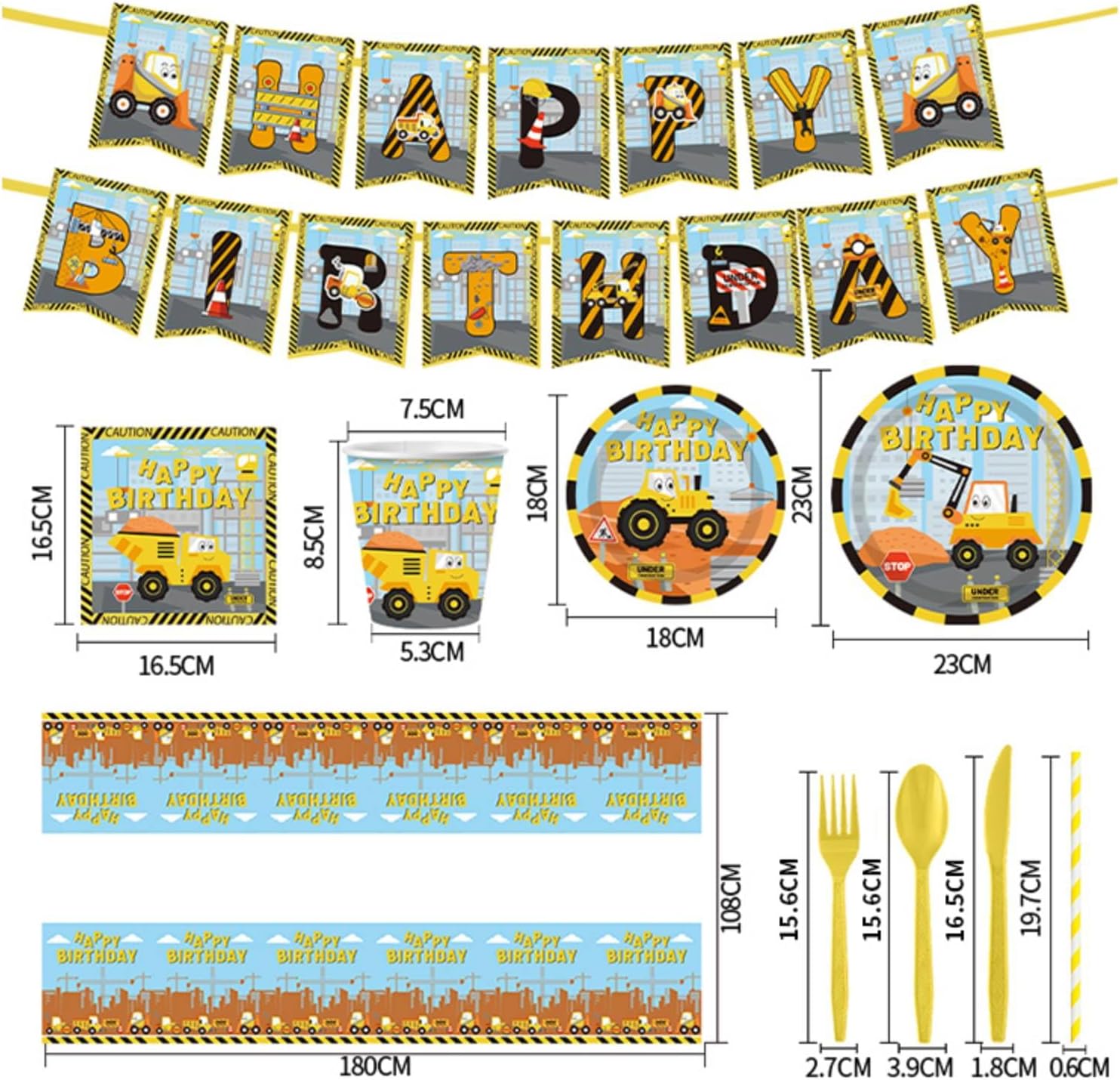 Construction Vehicle Paper Plates Set,162 Pcs Paper Plates Napkins Cups Tablecloth Knives Fork Spoon Papers Banner and Straws for Party Supplies Serves 20 Guests (Boys)