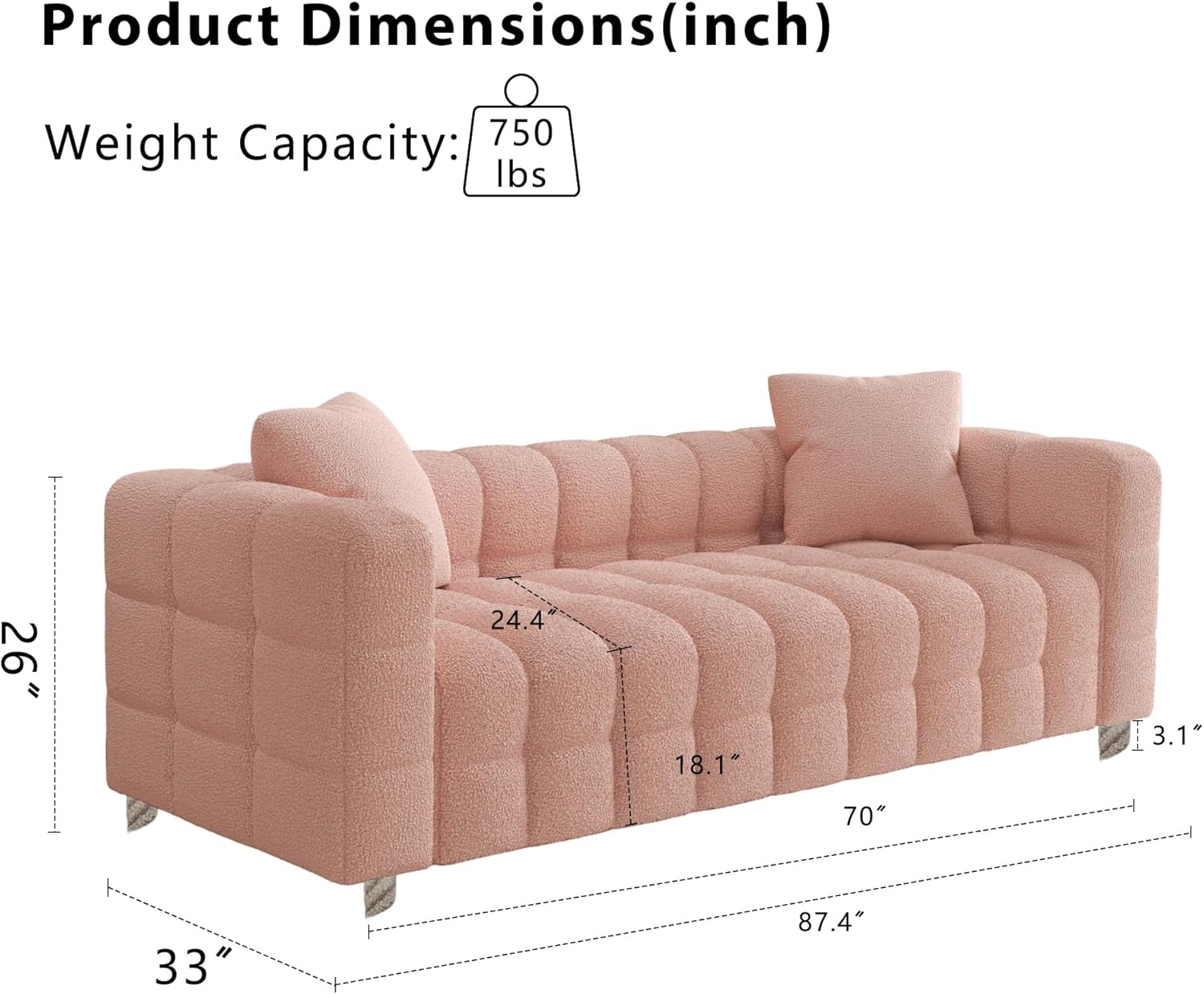87.4'' Modern 3-Seater Sofa Bubble Couch with 2 Pillows for Living Room,Teddy Bouclé Velvet Deep Seat Sofa Couch, Fluffy Loveseat Sofa with 6 Metal Base Legs for Bedroom/Home/Office(Pink) | Teddy Bouclé Velvet, Deep Seat, 2 Pillows Included, 6 Metal Base Legs, Fluffy Loveseat