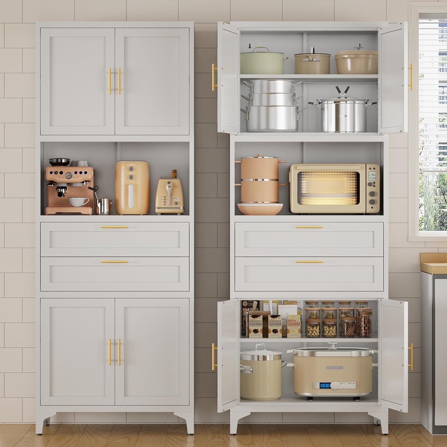 75" Pantry Storage Cabinet, Metal Cupboard with 2 Drawers, Tall Cabinet with 4 Doors and 2 Adjustable Shelves, Kitchen Storage, Cupboard for Dining Room, Living Room, White