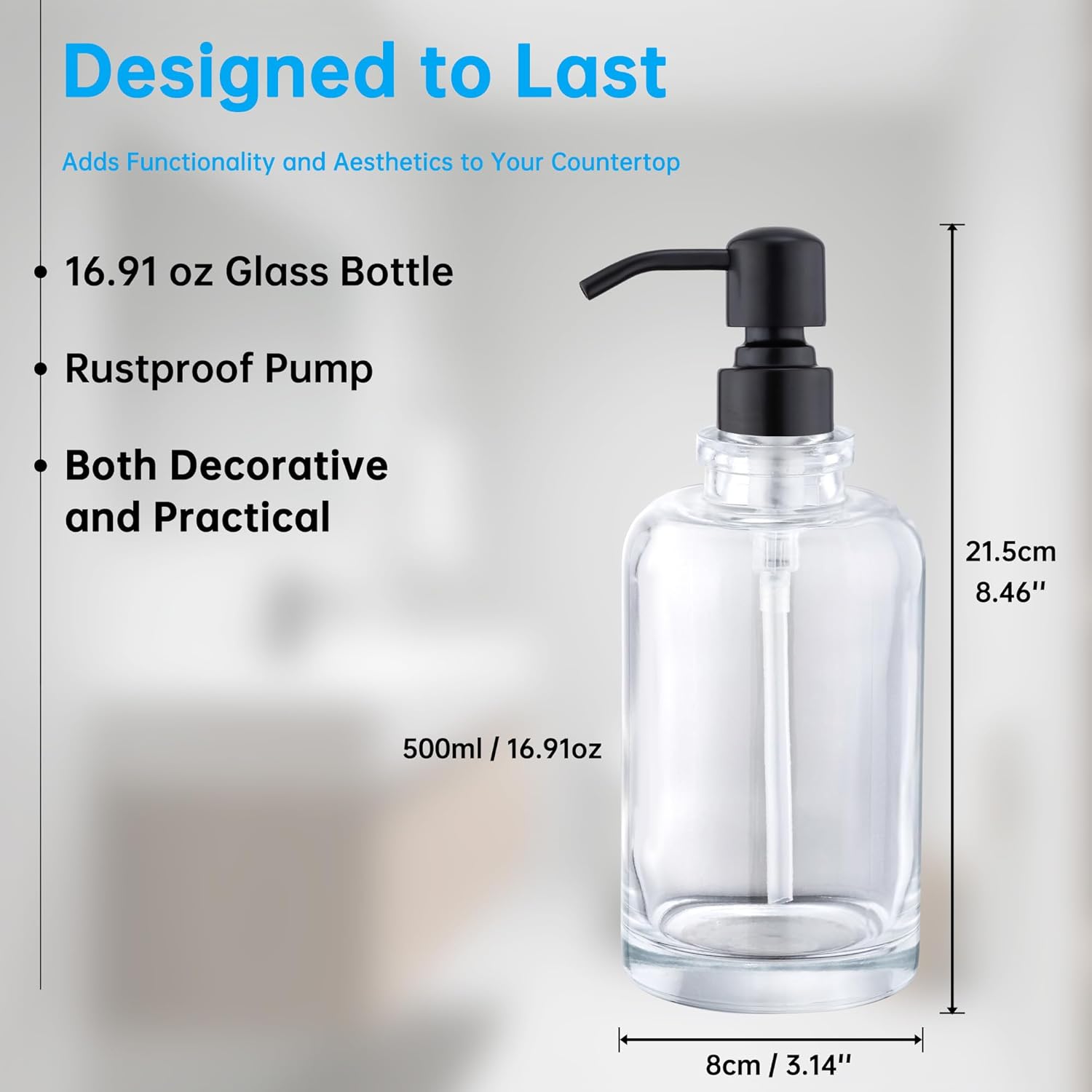 Glass Soap Dispenser Clear Bottle with Black Pump, 17 OZ Liquid Soap Dispenser Cylindrical with Stainless Steel Pump for Dish Hand Soap Bathroom Kitchen Large Capacity - Image 5