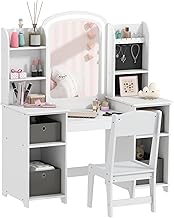 AIYAPLAY Children's Dressing Table with Stool and LED Mirror, Wooden Dressing Table with Fabric Drawers, Open Shelves and Jewellery Hooks, Makeup Table for 3-8 Years, White