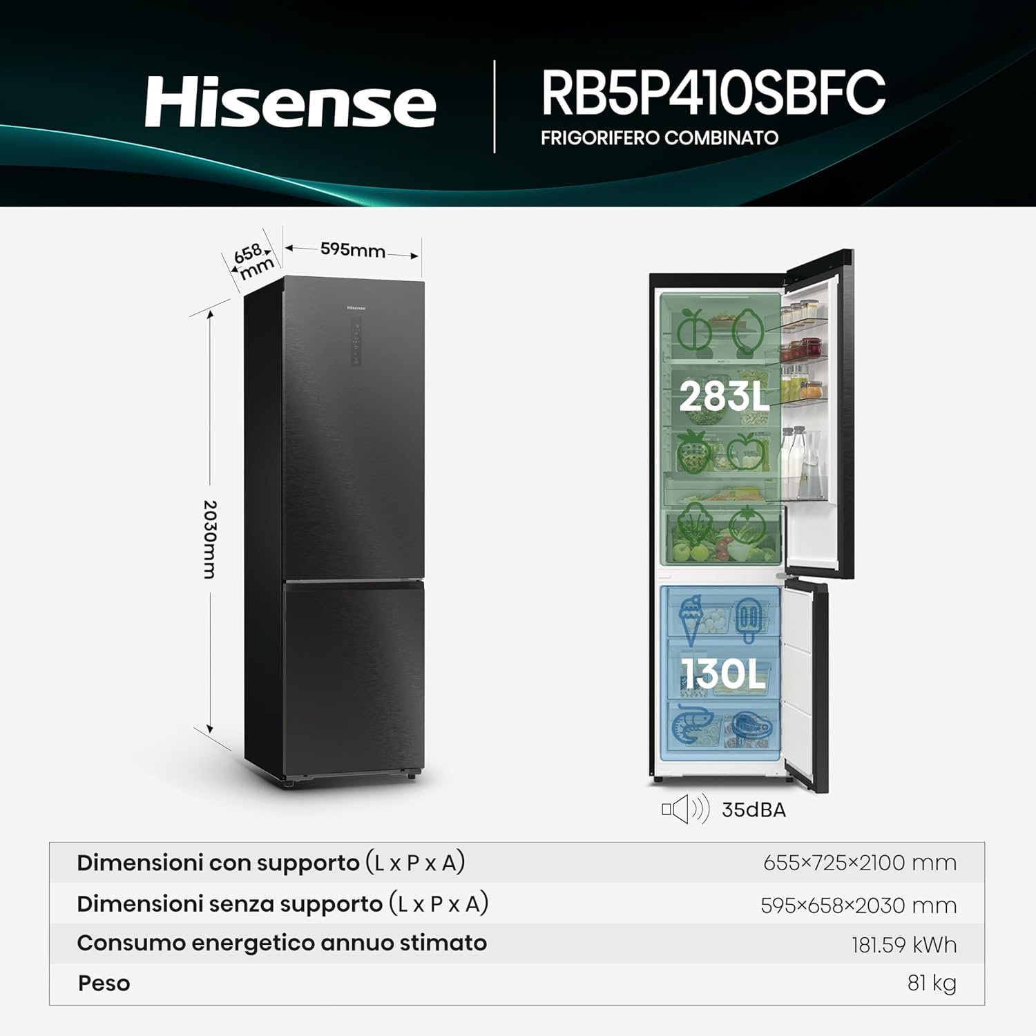 Diagram showing the dimensions and internal capacities of the Hisense RB5P410SBFC refrigerator.
